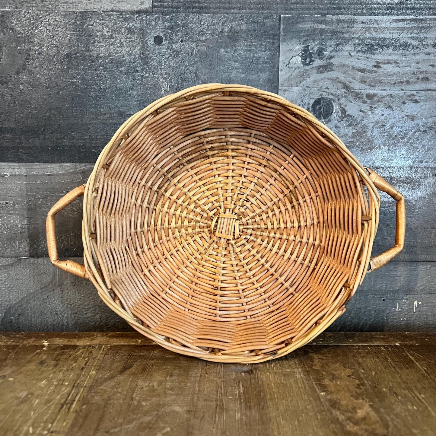 Vintage Shallow Handled Round Wicker Basket