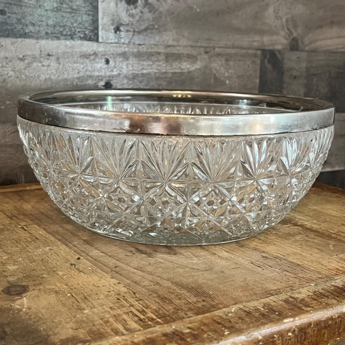 Large Crystal Bowl with Silverplated Rim