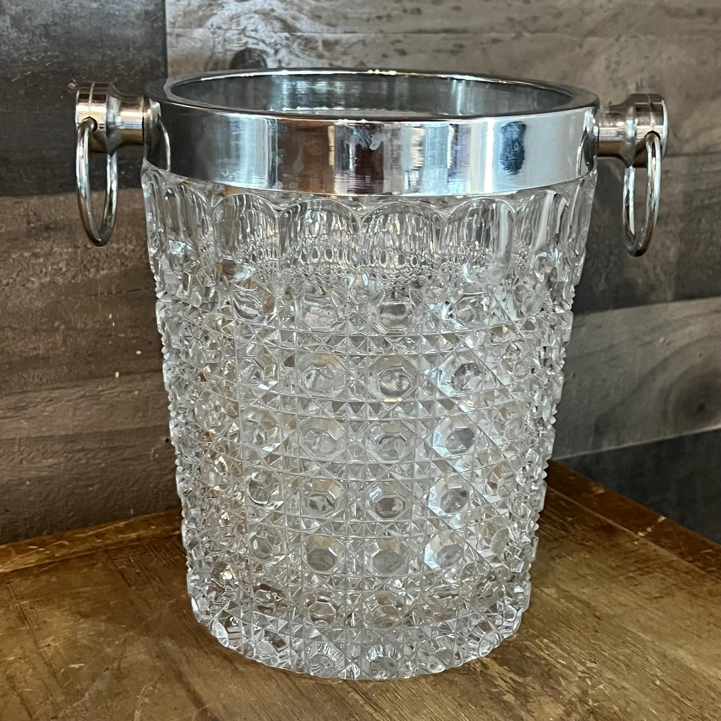 Vintage Crystal Glass Ice Bucket with Silver Tone Rim and Handles - Champagne Cooler - Bottle Chiller