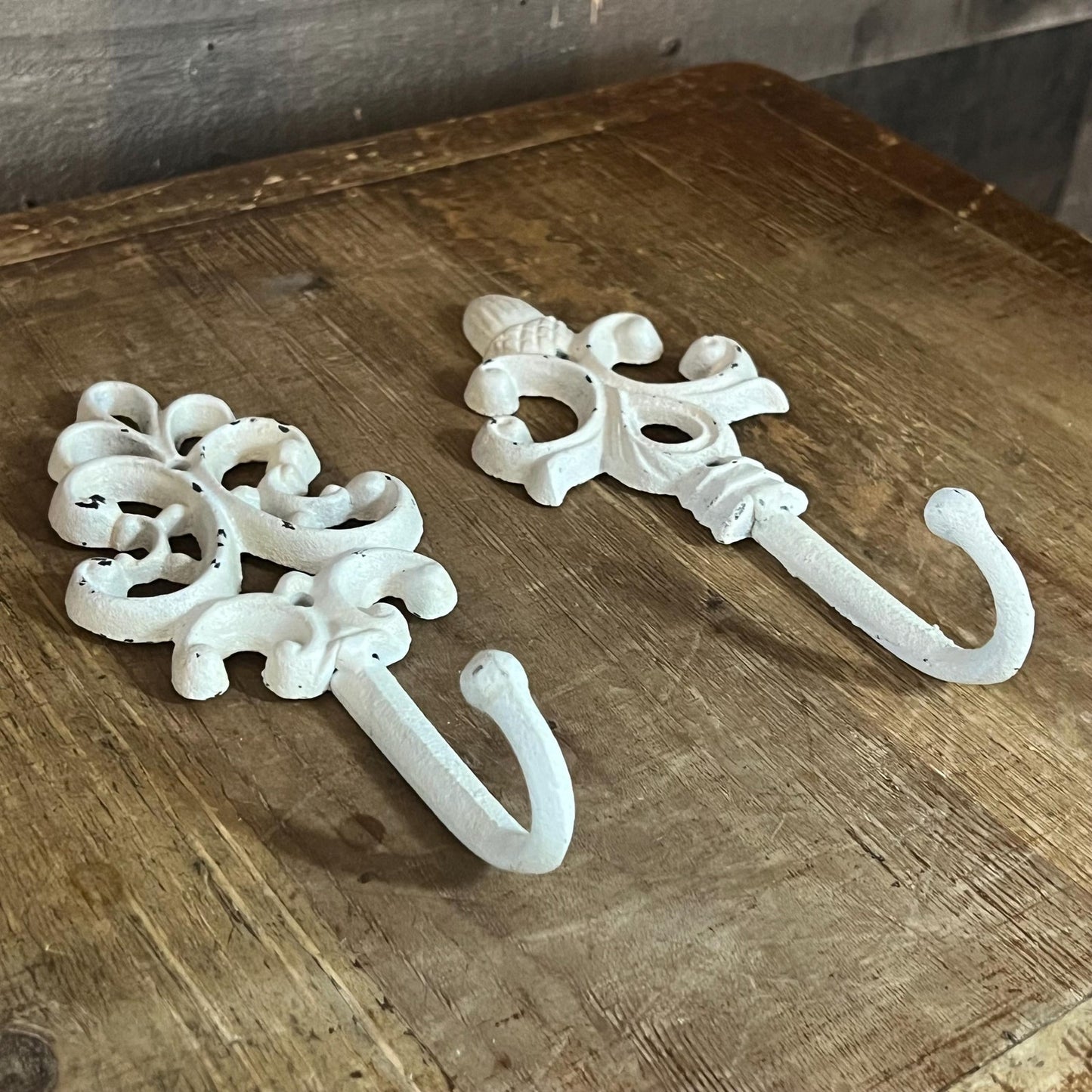 2 Vintage Painted White Cast Iron Wall Hooks