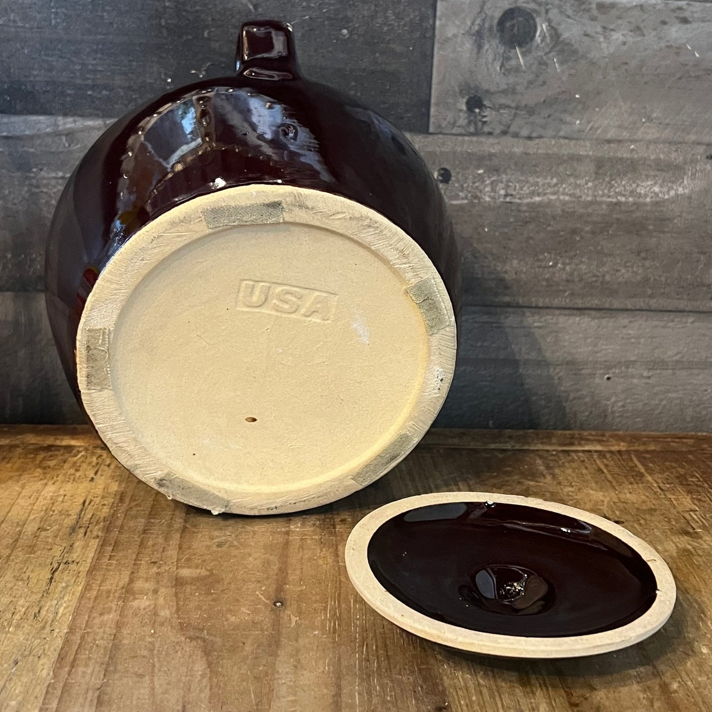 Vintage Brown Glaze USA Pottery Double Handle Lidded Crock - Bean Pot - Cookie Jar