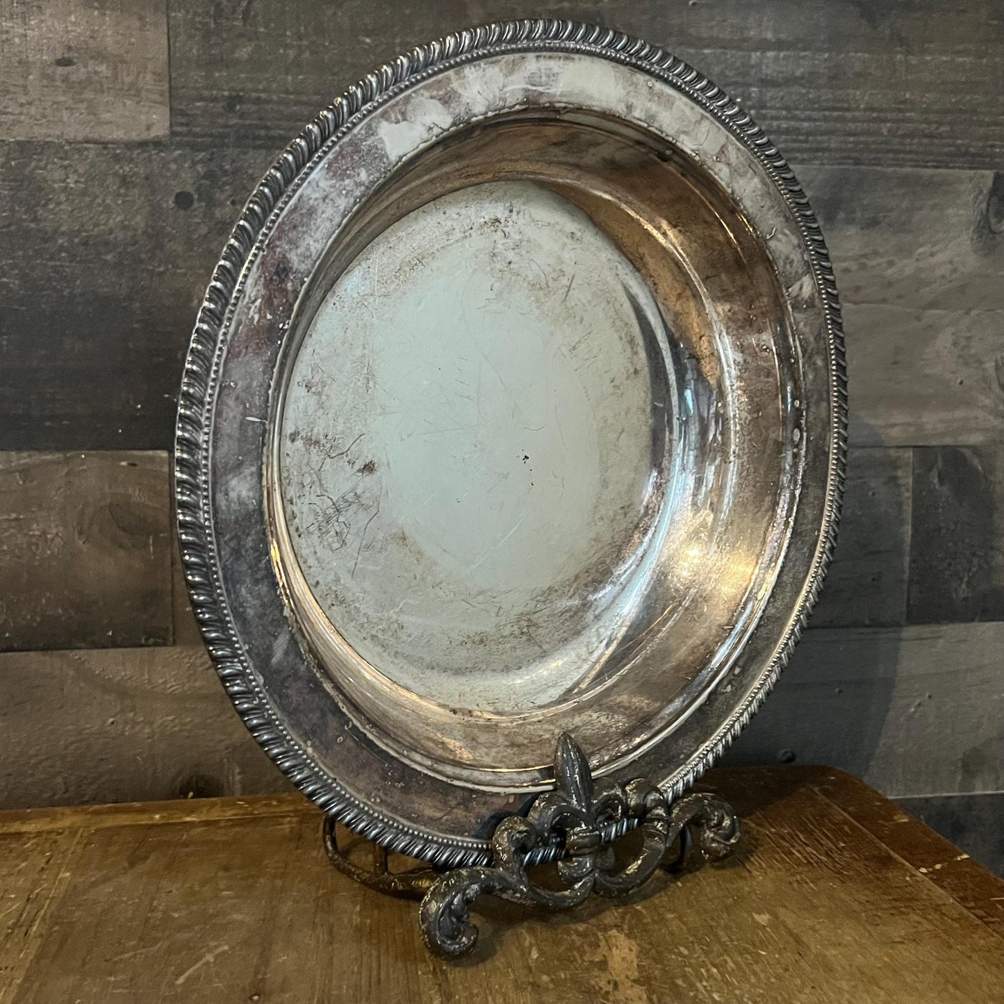 Vintage Silverplated Round Shallow Bowl with Braided Rim Accent