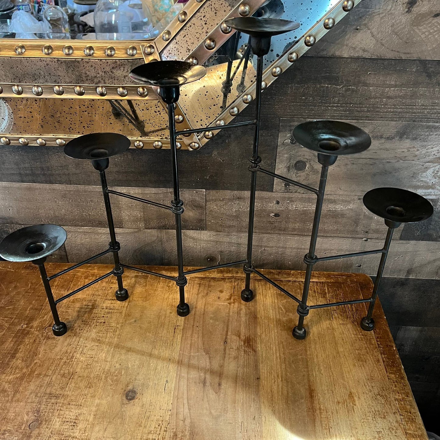 Vintage MCM Brutalist Black Metal Folding Hinged 6 Candlestick Holder Candelabra
