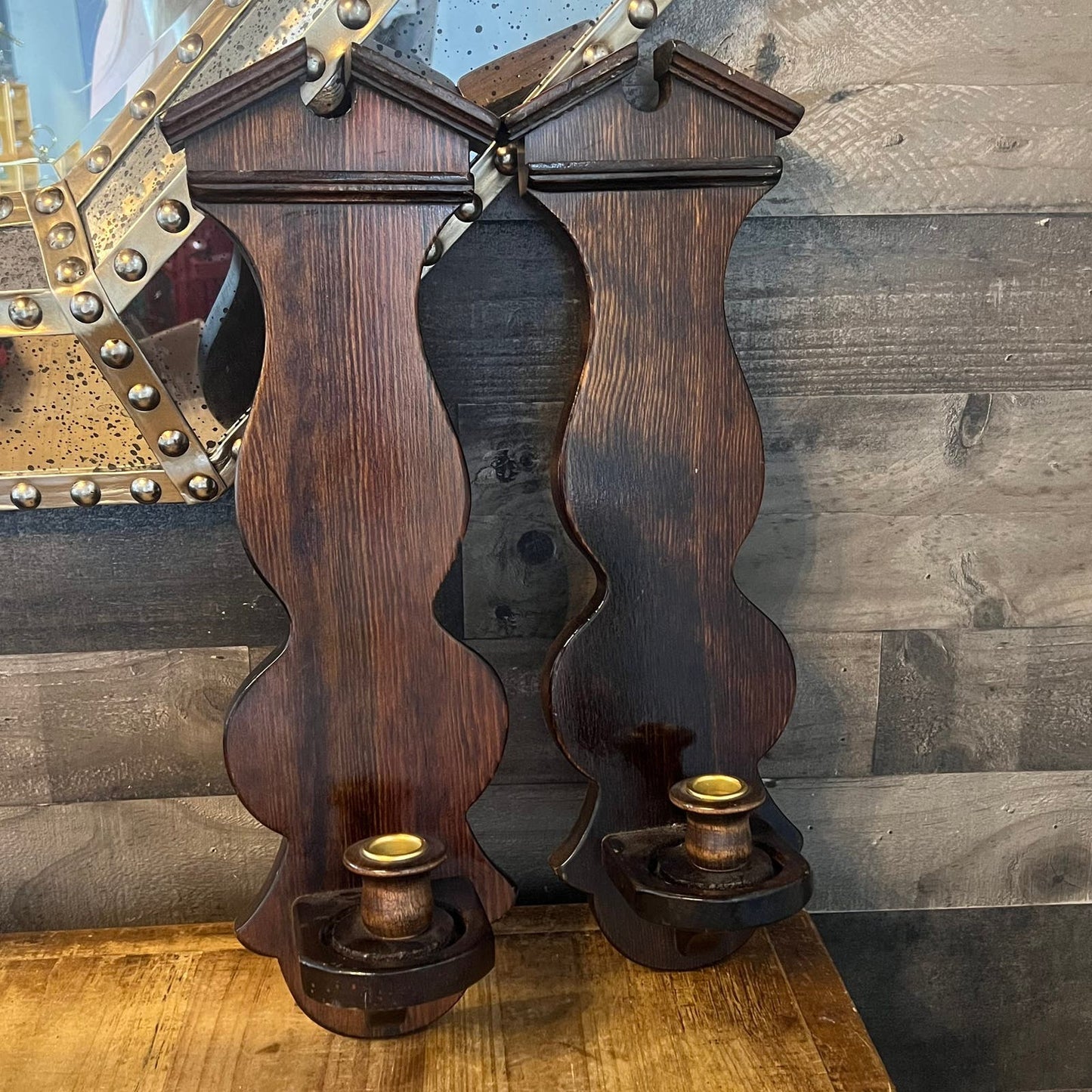 Vintage Pair of Wooden Candlestick Wall Sconces