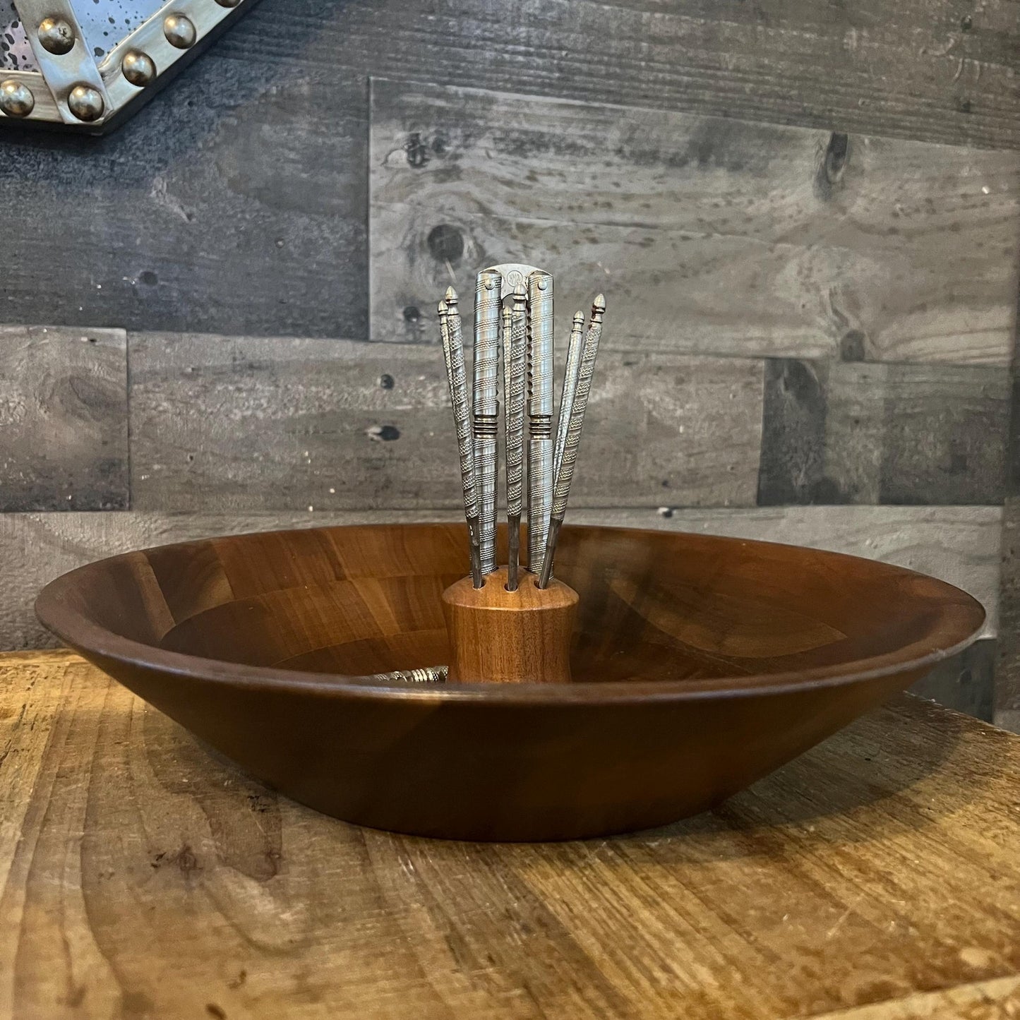 Vintage MCM Vermillion Walnut Nut Bowl with 6 picks and 2 Nut Crackers