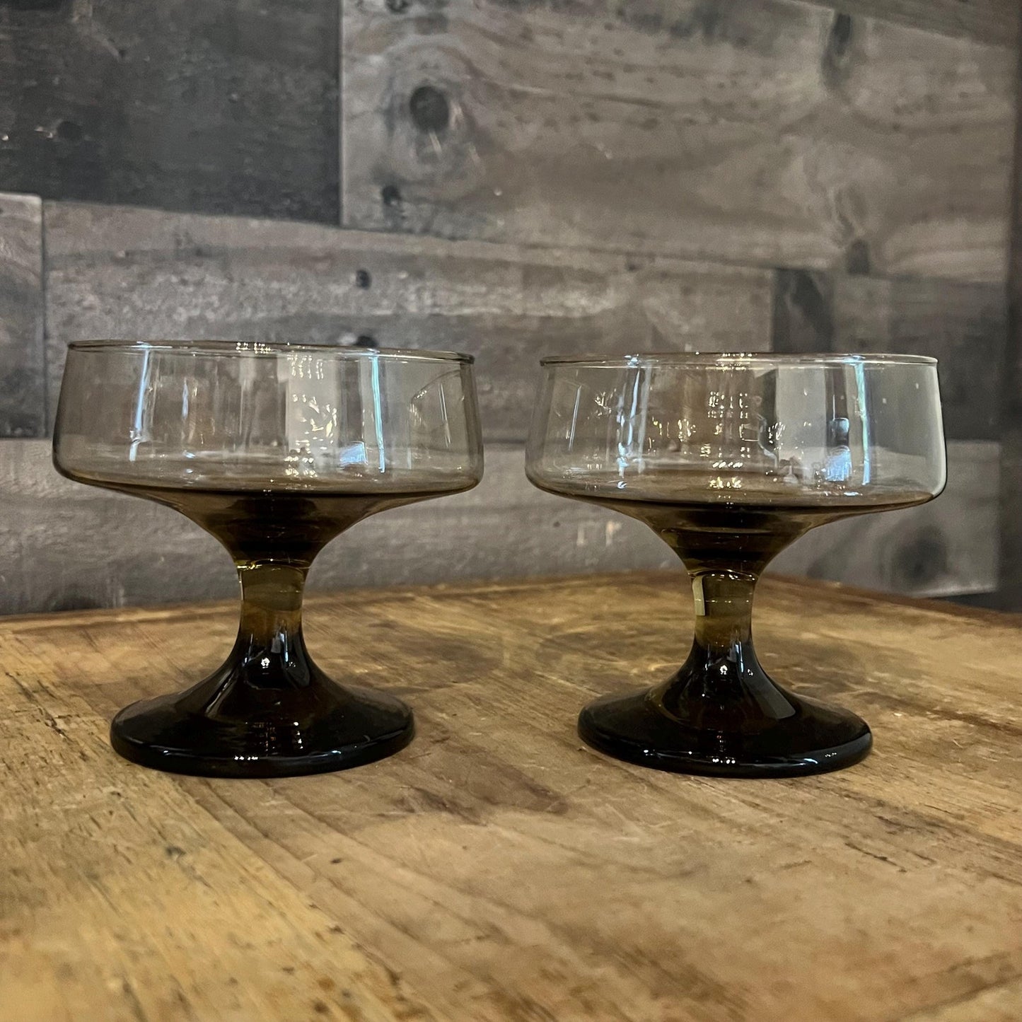 Libbey Glass Company Pair of Tawny Accent Brown Smoked Champagne Glasses - Cocktail Coupes - Tall Sherbert Glasses - Short Stem Glasses