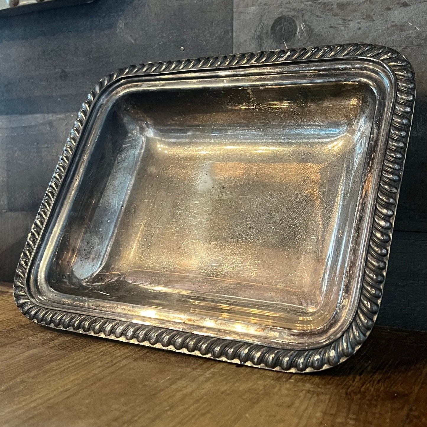 Vintage Bernard Rices Sons Apollo EPC Copper Mounts 8132 Footed Rectangular Braided Rim Silverplated Dish