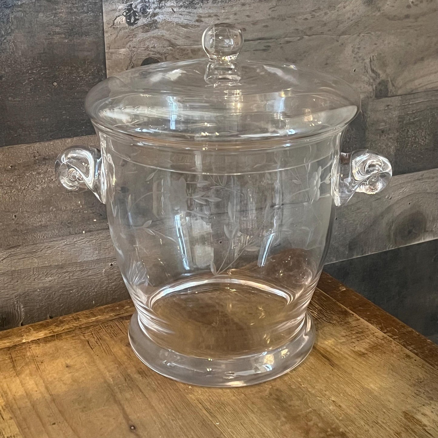 Princess House Heritage Crystal Etched Floral Lidded Handled Ice Bucket