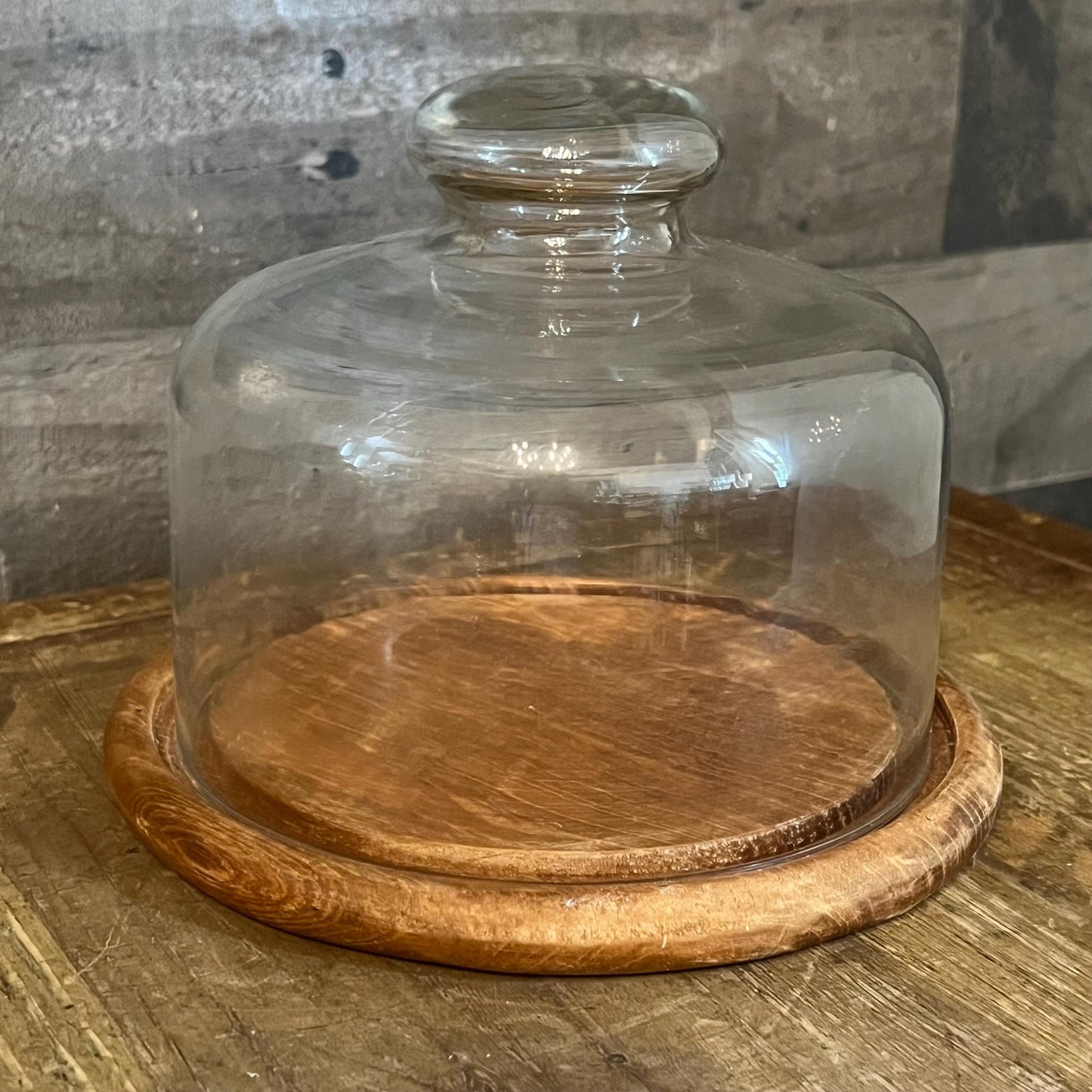 Vintage Round Dolphin Teakwood Cheese Board and Glass Dome