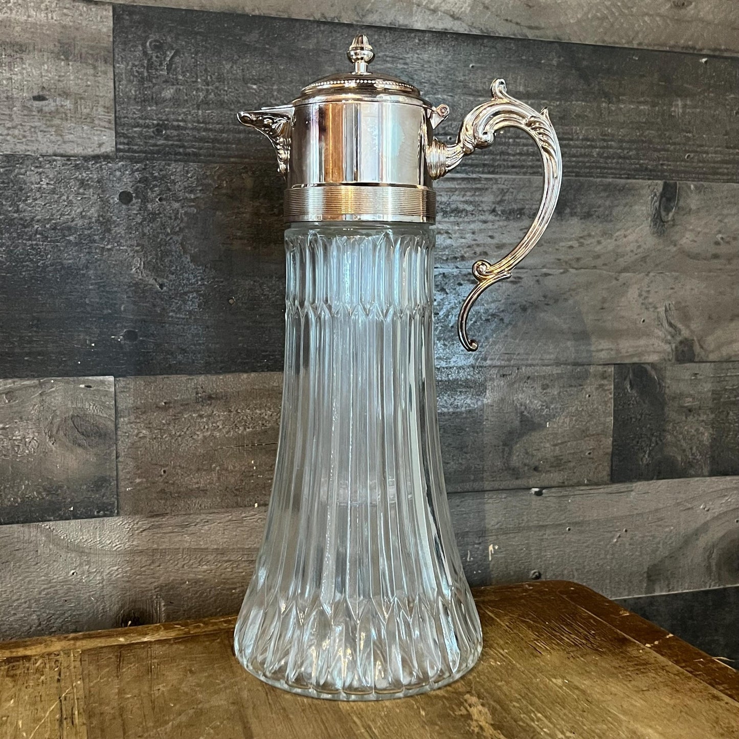 Vintage Crystal Pitcher with Silverplated Handle and Lid with Center Compartment