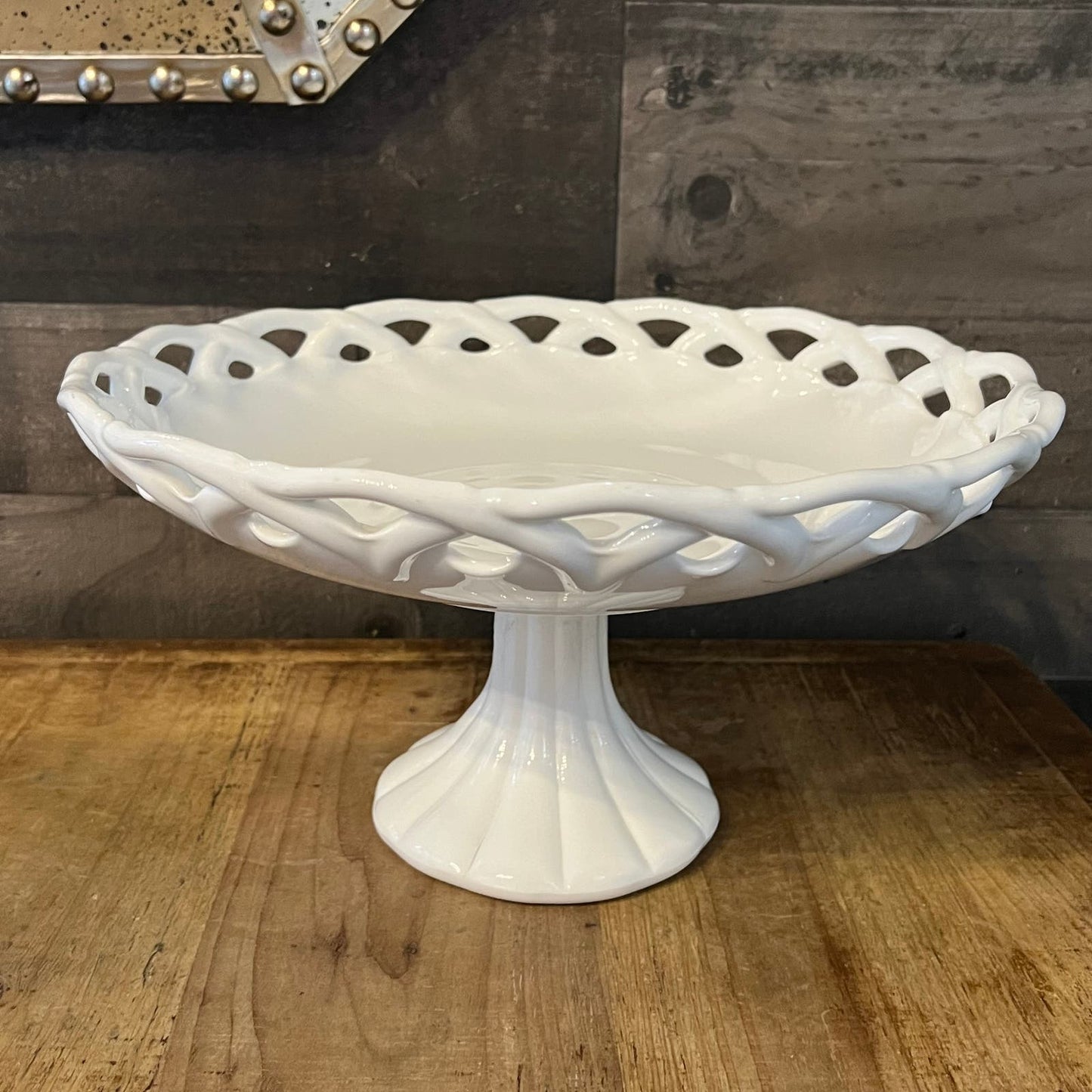 Vintage Milk Glass Pitman Dreitzer White Lattice Footed Pedestal Compote Dessert Stand - Fruit Bowl - Appetizer Server