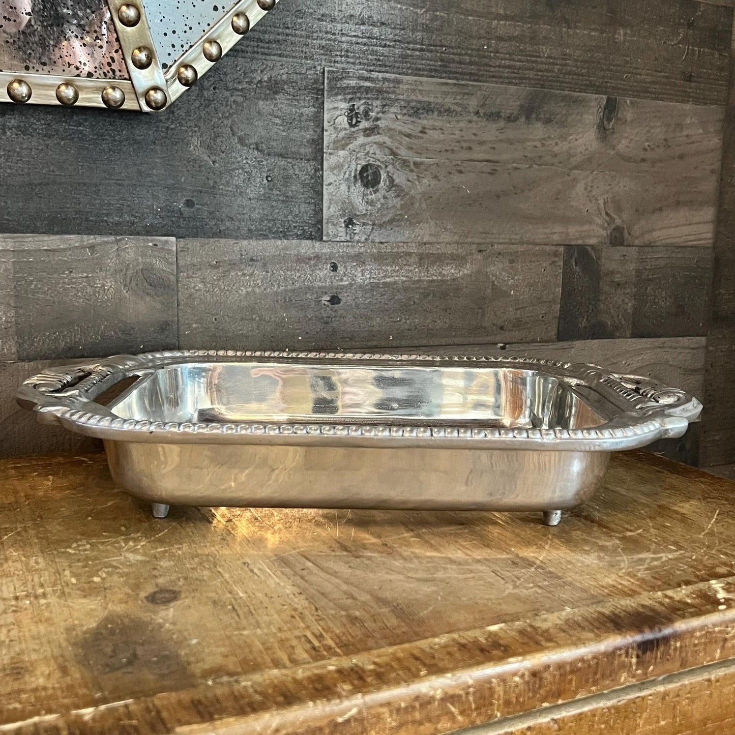 Vintage Ornate Pewter Tone Handled Rectangular Casserole Dish Holder