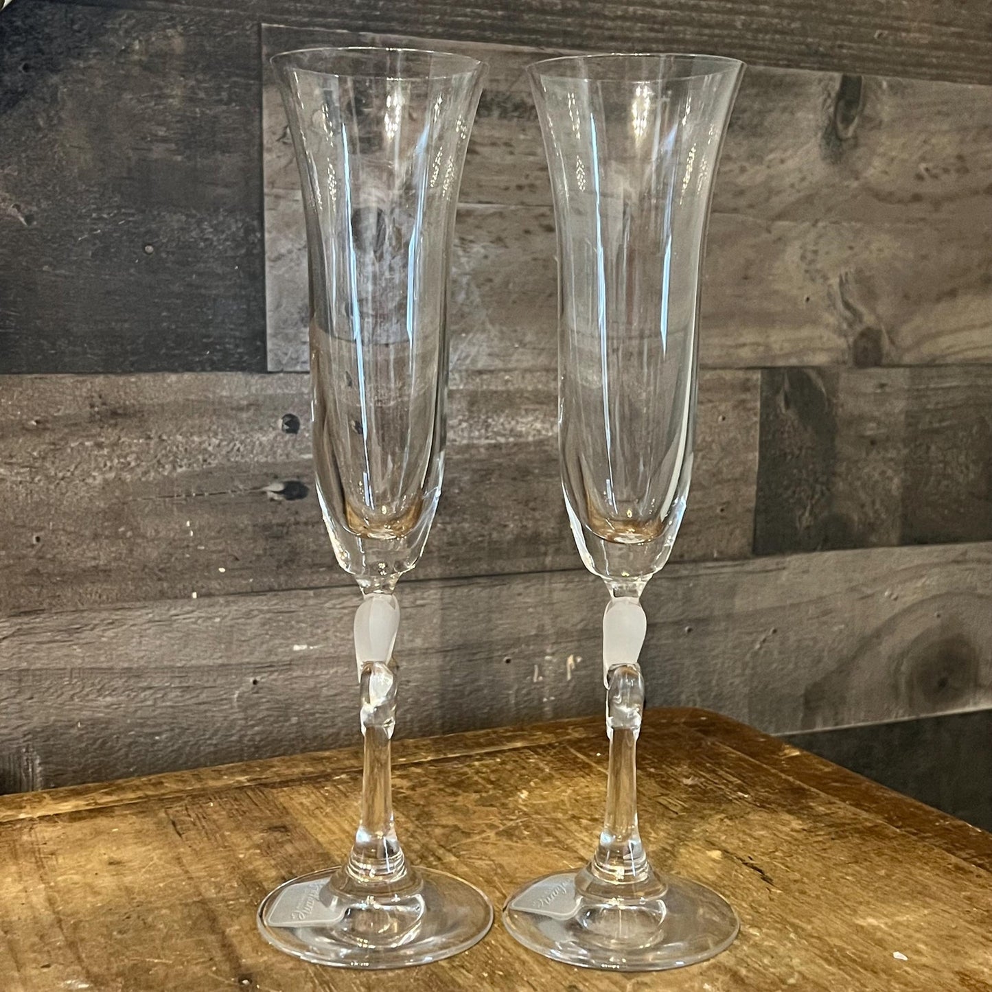 Gorham Crystal Heart Stem Amore Toasting Champagne Flutes - Pair
