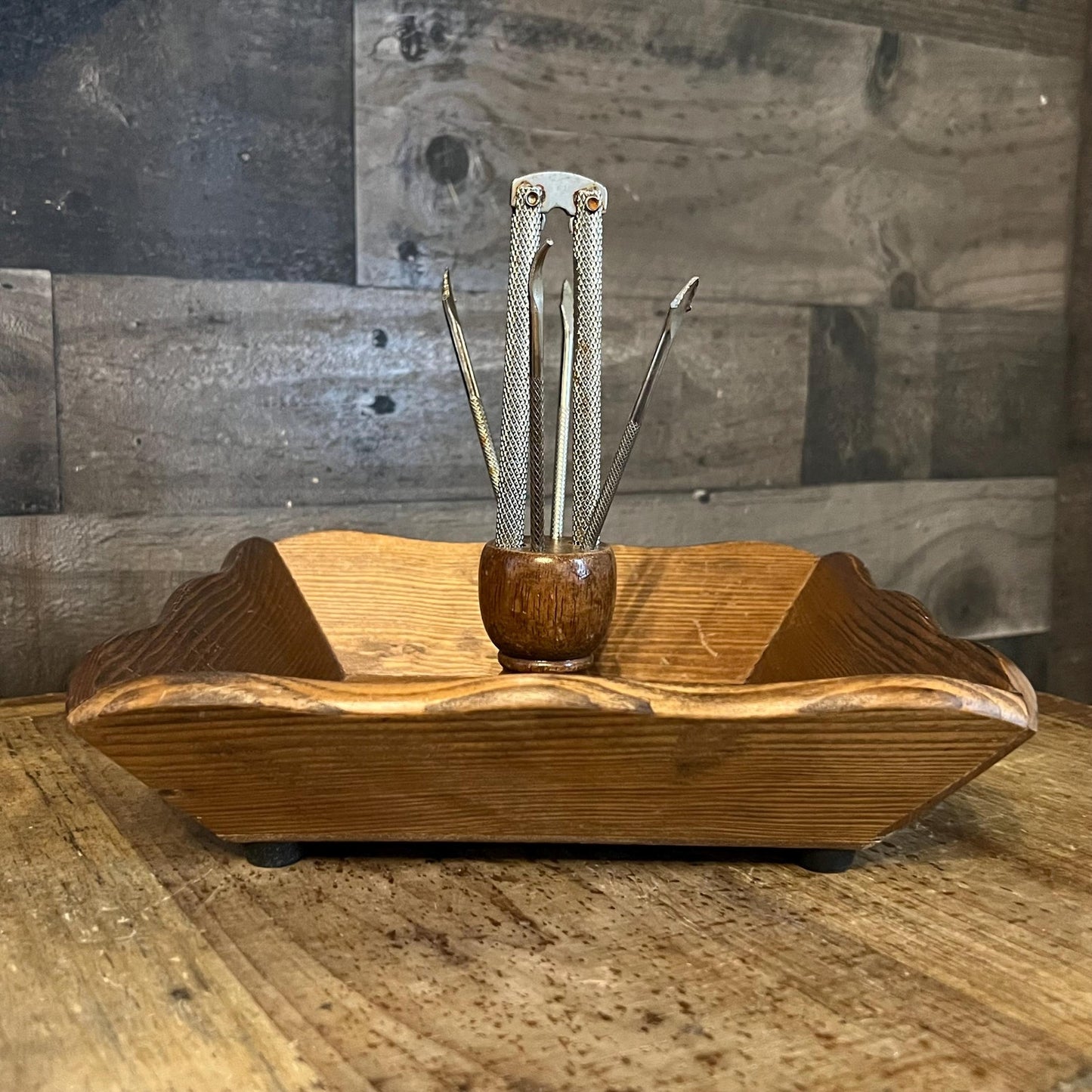 Vintage Wooden Nut Bowl with Nut Cracker and Nut Picks