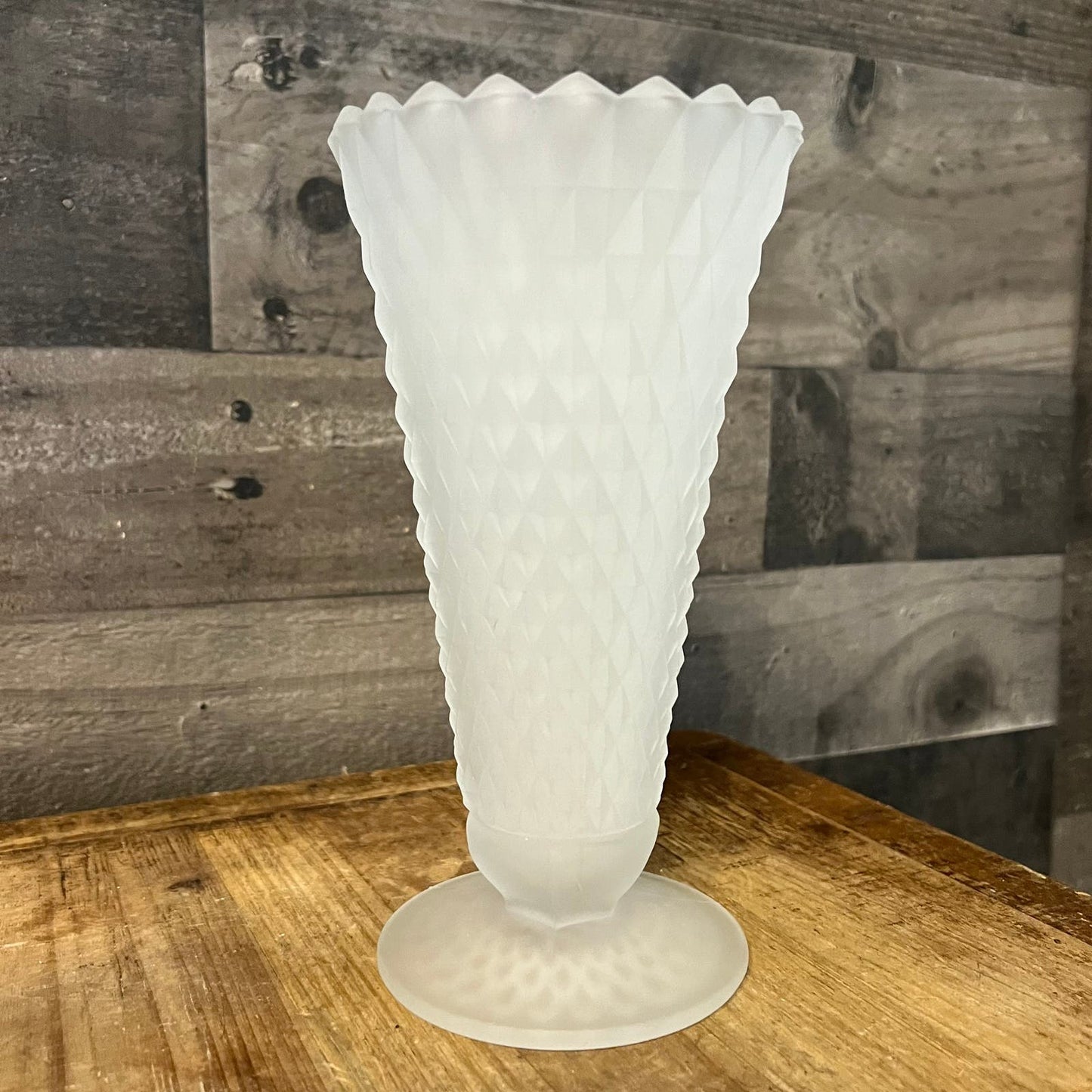 Vintage Satin Frosted Glass Diamond Point Pattern Footed Vase