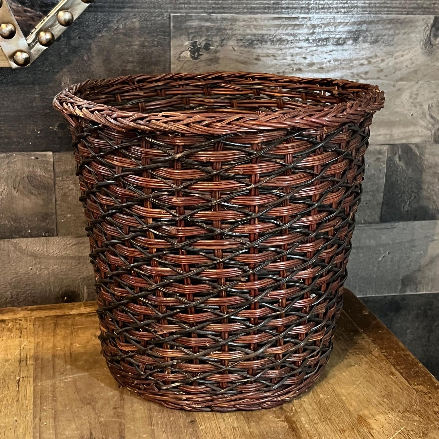 Vintage Brown and Black Woven Wicker Basket