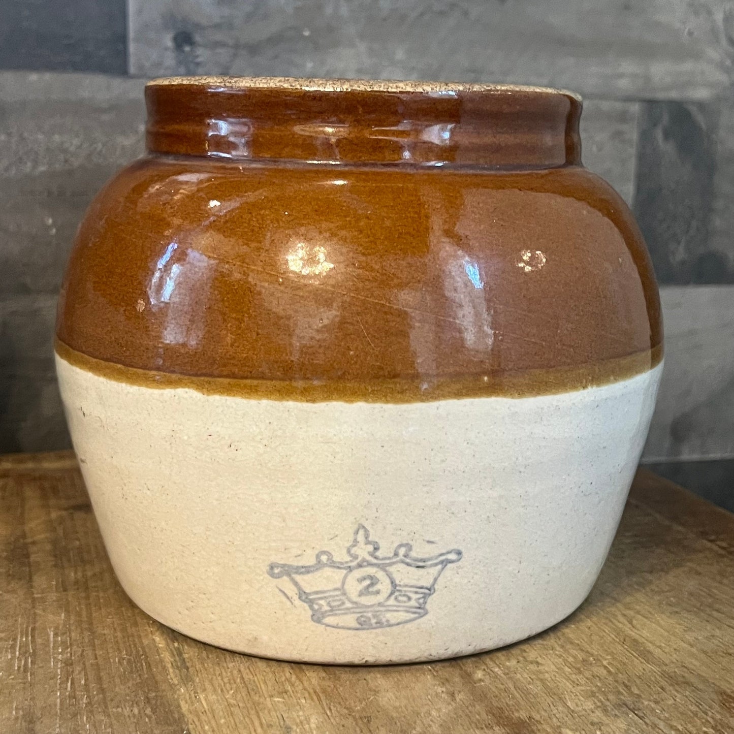 Vintage Blue Crown 2 Stamped Beige and Tan Two Tone Single Handle Crock - Bean Pot - USA Marking