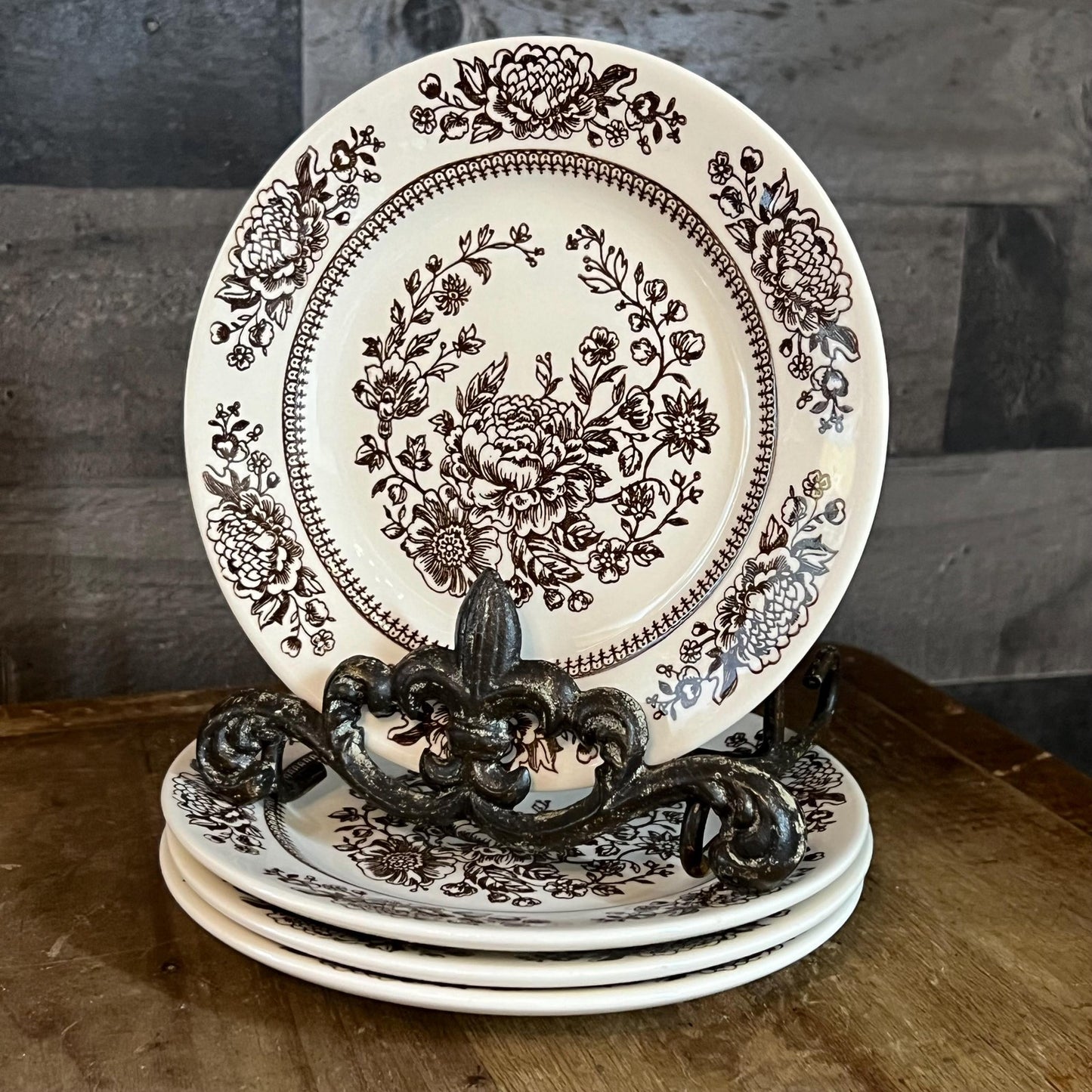 Royal USA Sussex Cavalier Ironstone Brown and White Floral Bread and Butter Plates - Set of 4