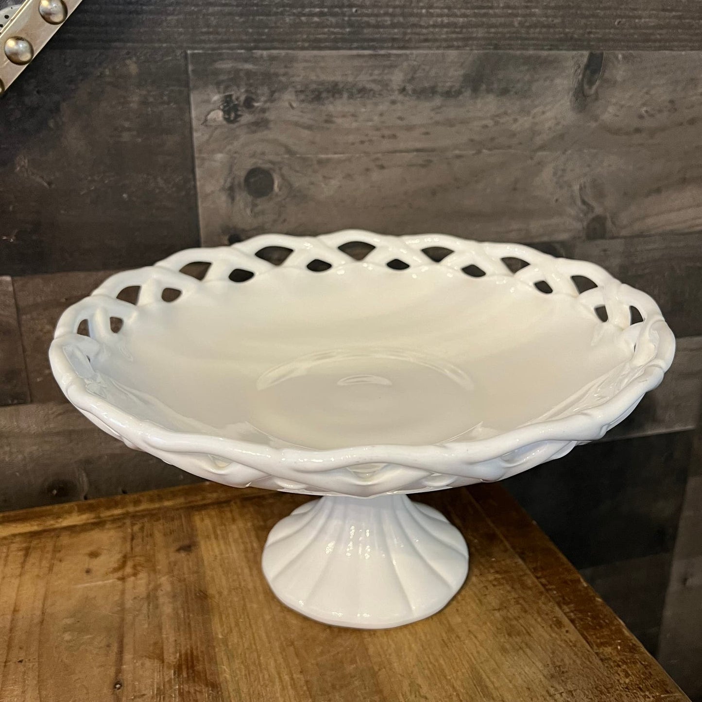 Vintage Milk Glass Pitman Dreitzer White Lattice Footed Pedestal Compote Dessert Stand - Fruit Bowl - Appetizer Server