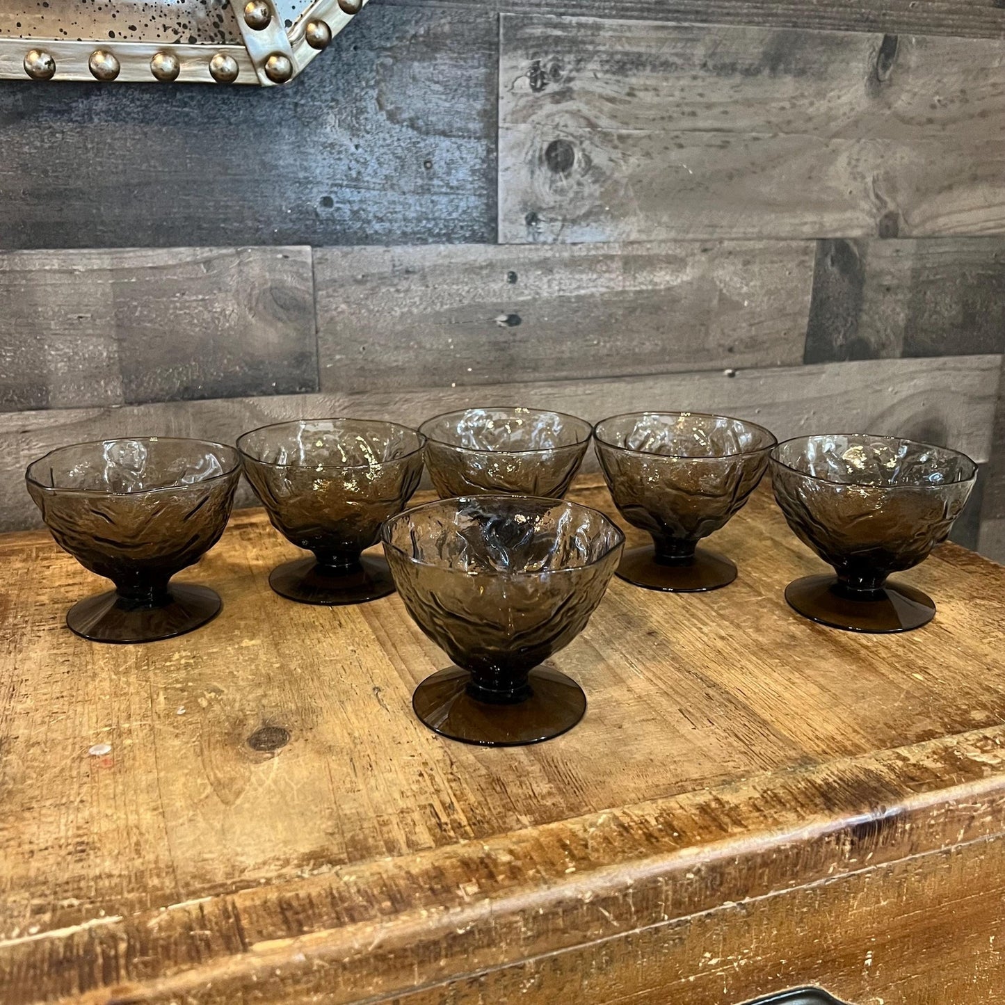 Vintage Seneca Glass Brown Glass Driftwood Short Stem Coupes - Cocktail Coupes - Dessert Glasses - Parfait Glasses - Set of 6