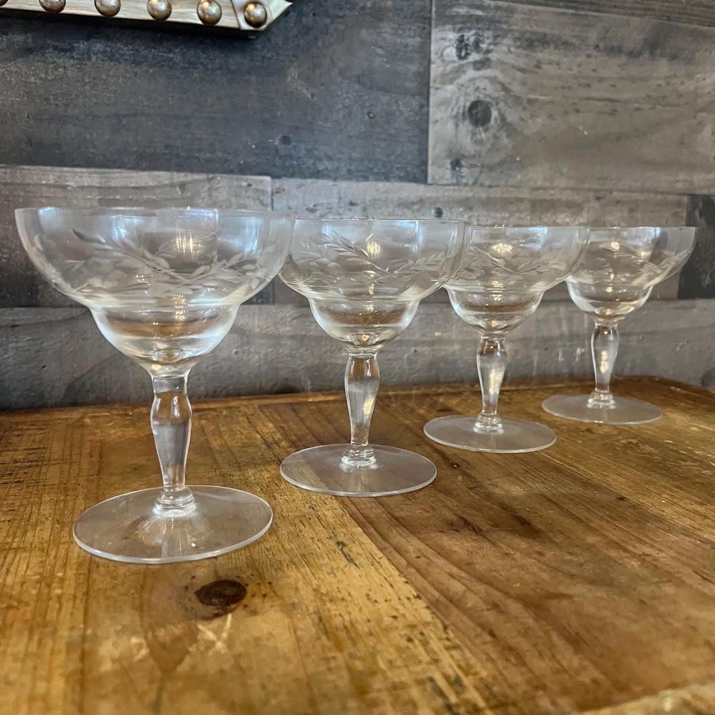 Vintage Set of 4 Crystal Floral and Leaf Etched Champagne Coupes - Cocktail Coupes