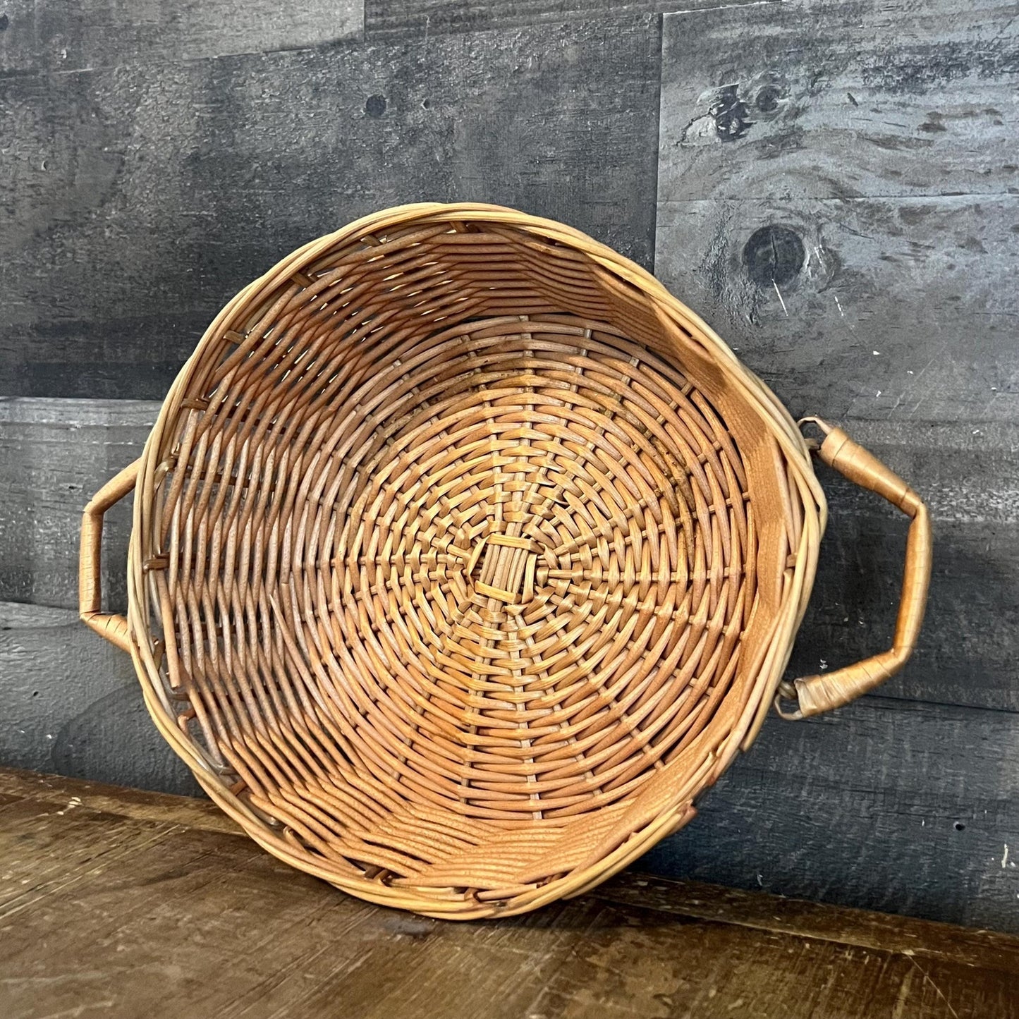 Vintage Shallow Handled Round Wicker Basket