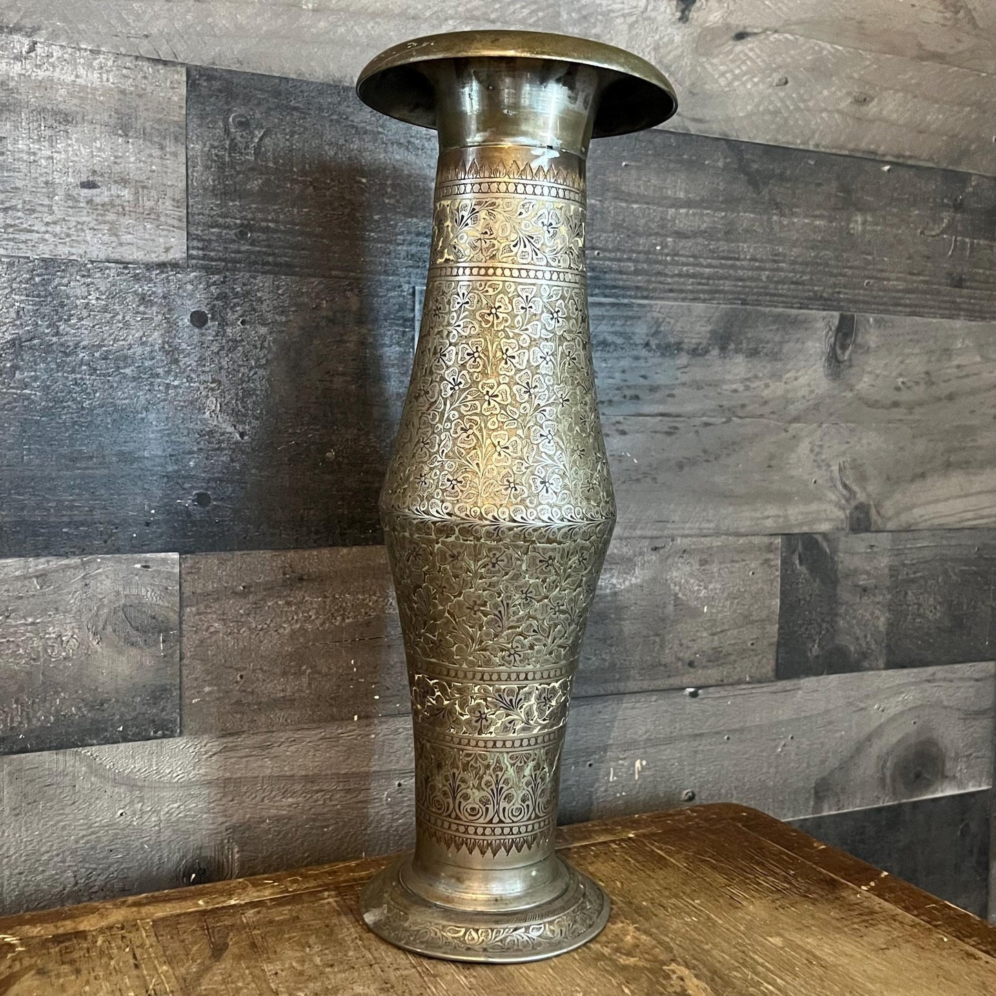 Tall Vintage Etched Brass Vase