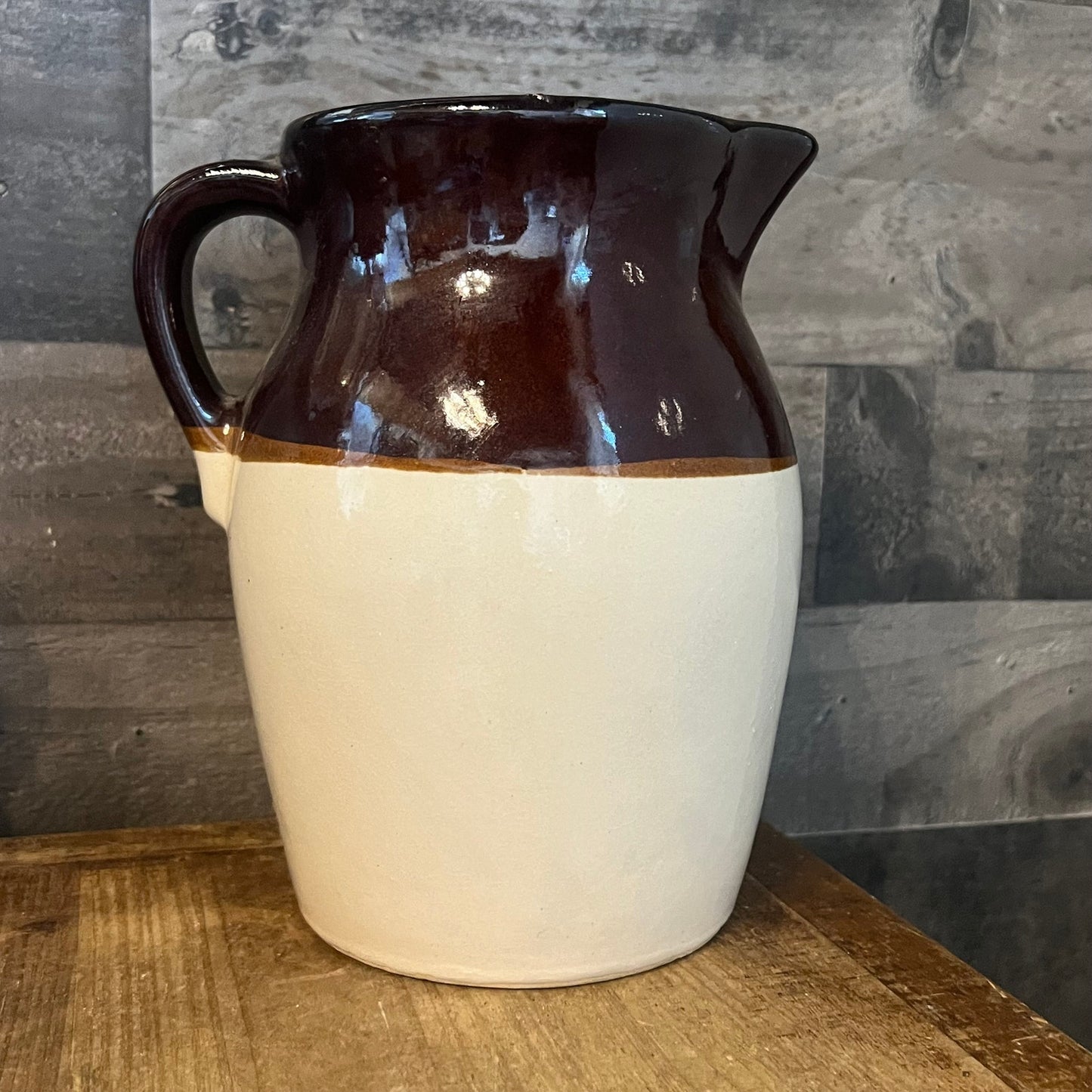 Vintage Rustic Stoneware Handled Brown and Beige Pitcher Jug