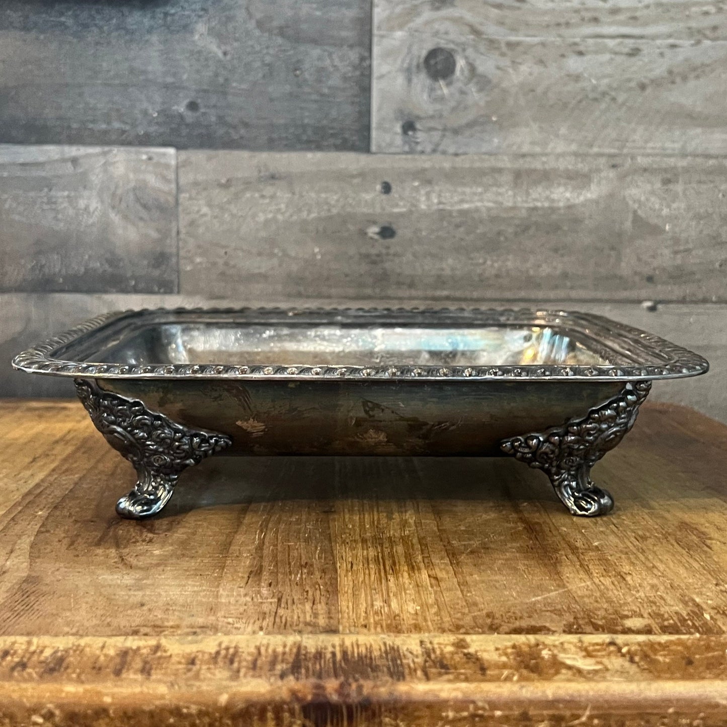Vintage Bernard Rices Sons Apollo EPC Copper Mounts 8132 Footed Rectangular Braided Rim Silverplated Dish