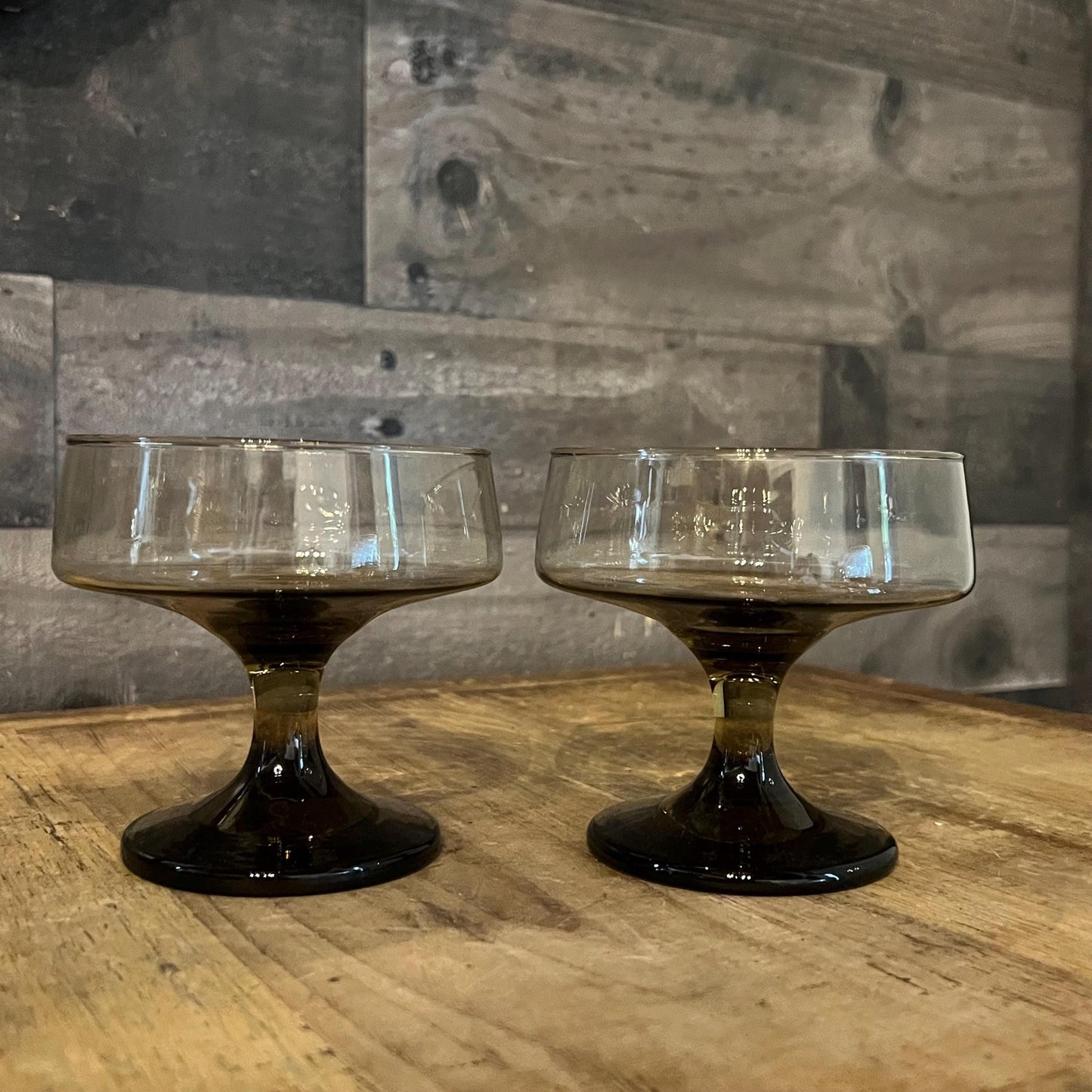 Libbey Glass Company Pair of Tawny Accent Brown Smoked Champagne Glasses - Cocktail Coupes - Tall Sherbert Glasses - Short Stem Glasses