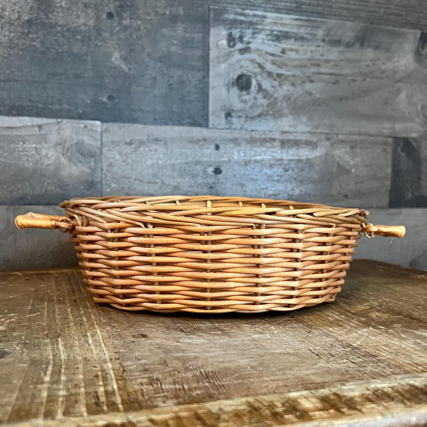 Vintage Shallow Handled Round Wicker Basket