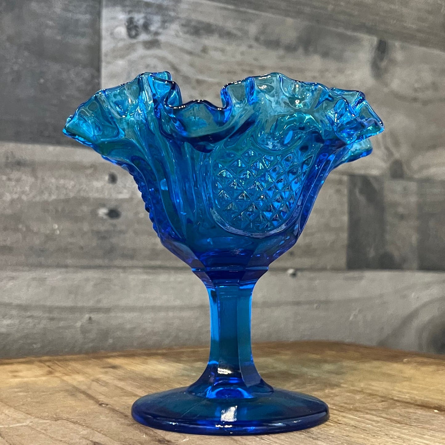 Vintage Fenton Blue Colonial Pineapple Pattern Ruffled Edge Rim Compote Long Stem Candy Dish