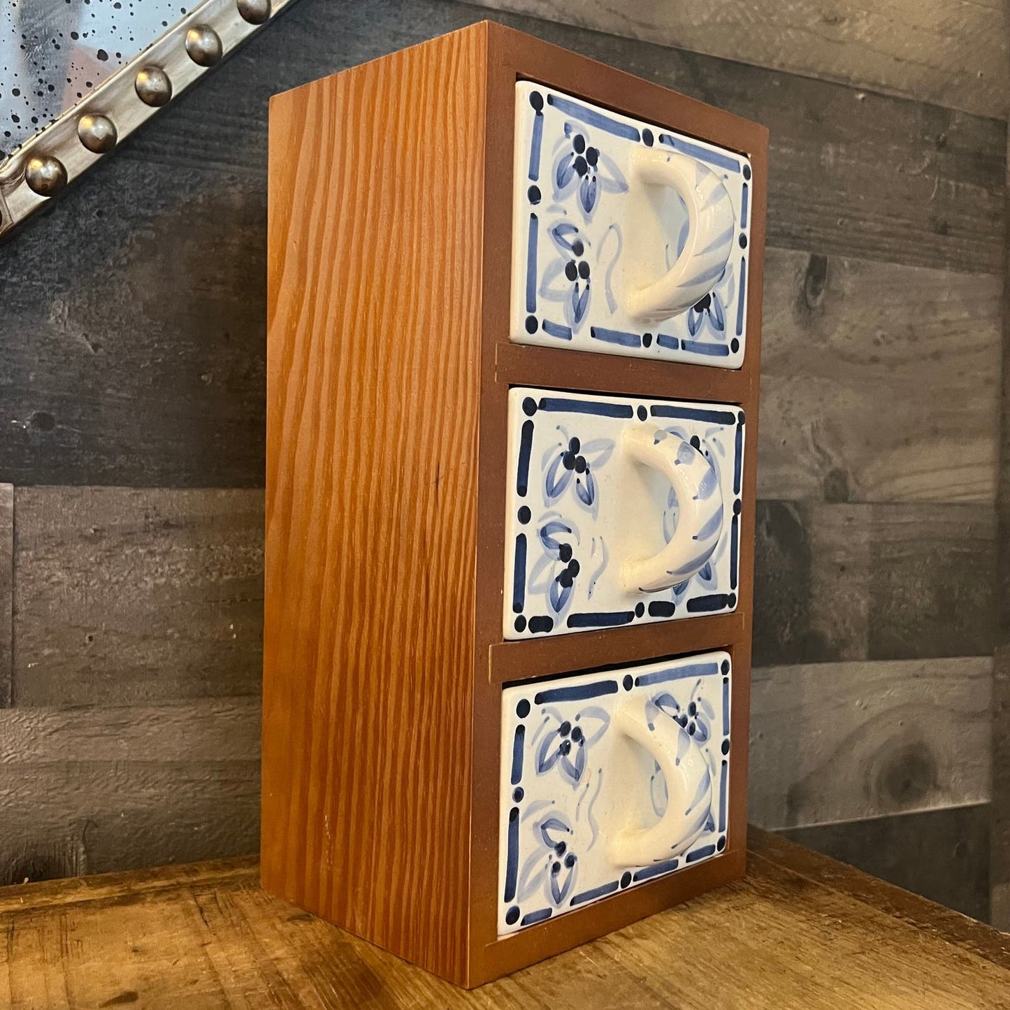 Vintage Wood Spice Cabinet Box with 3 White and Blue Ceramic Drawers