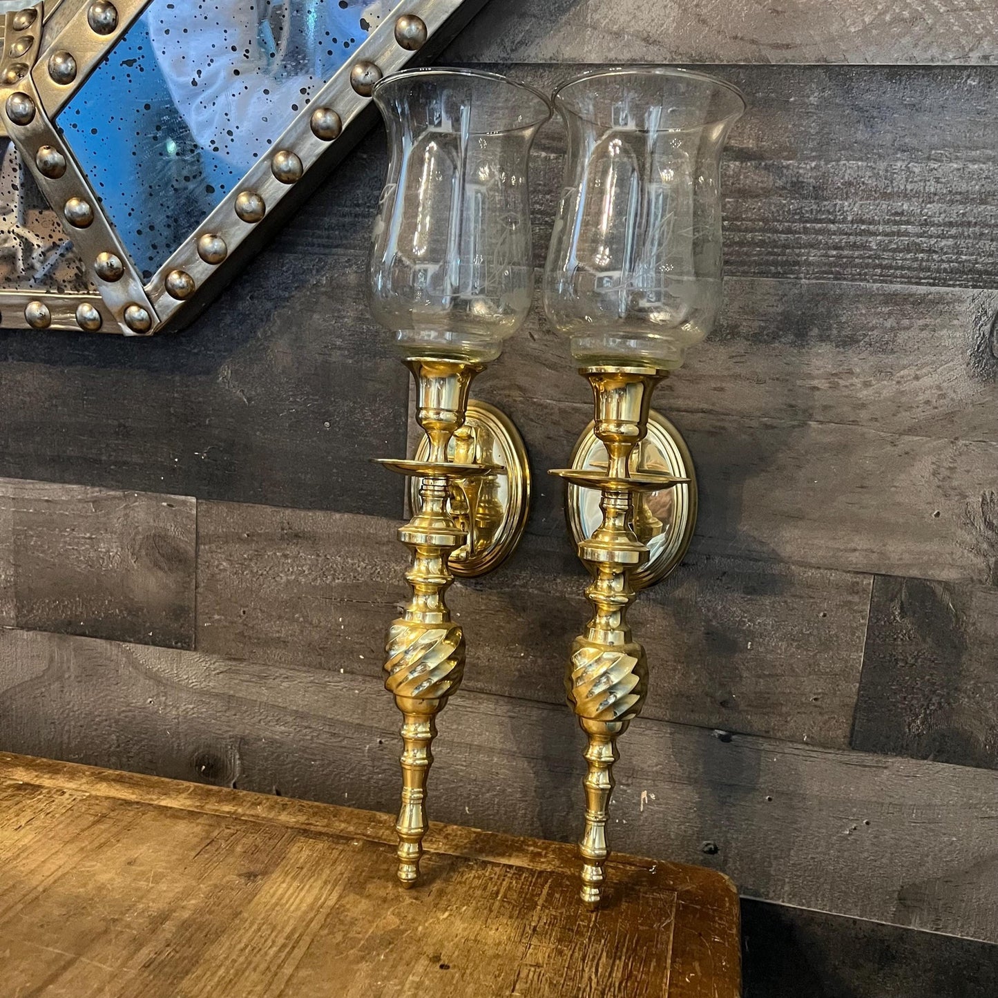 Vintage Pair of Brass Candlestick Holder Wall Sconces with Floral Etched Glass Hurricane Votives