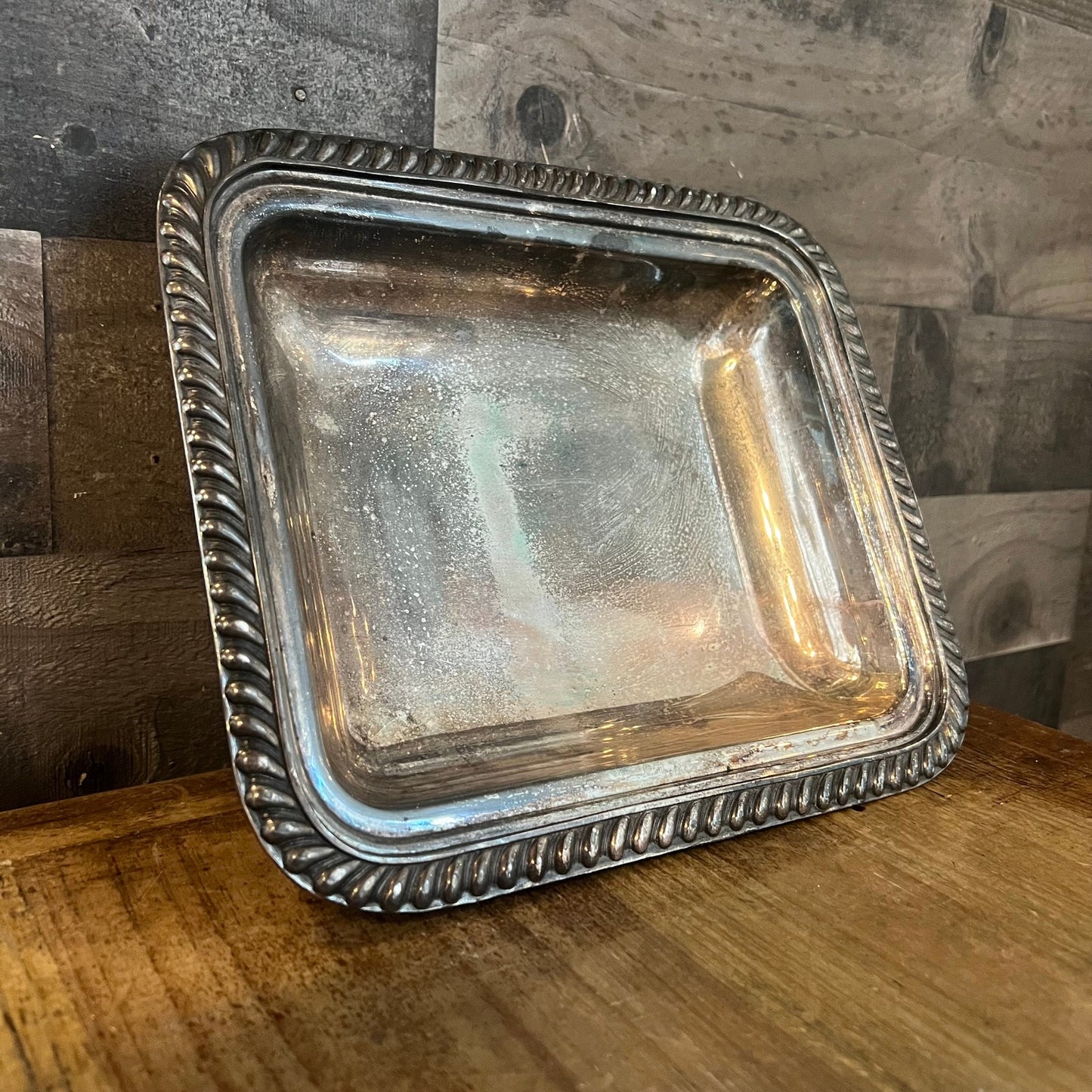 Vintage Bernard Rices Sons Apollo EPC Copper Mounts 8132 Footed Rectangular Braided Rim Silverplated Dish