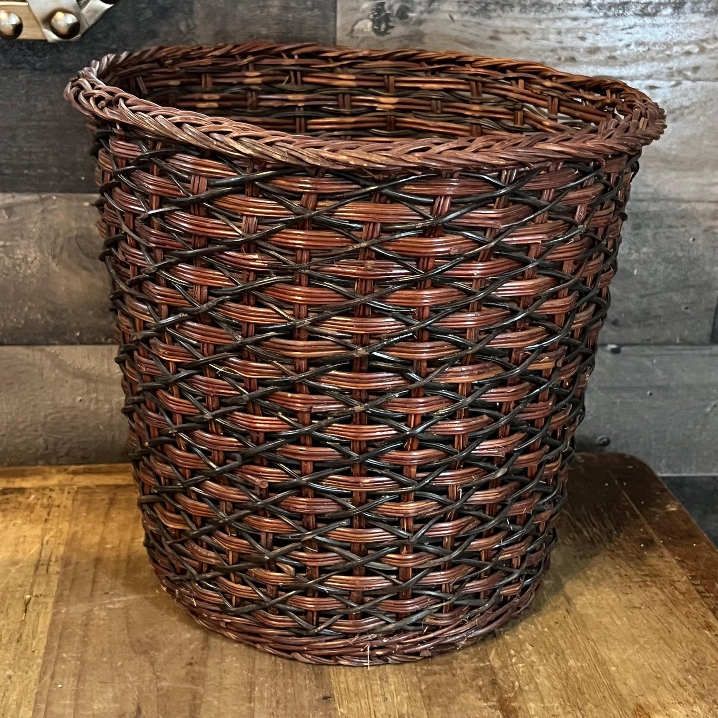 Vintage Brown and Black Woven Wicker Basket
