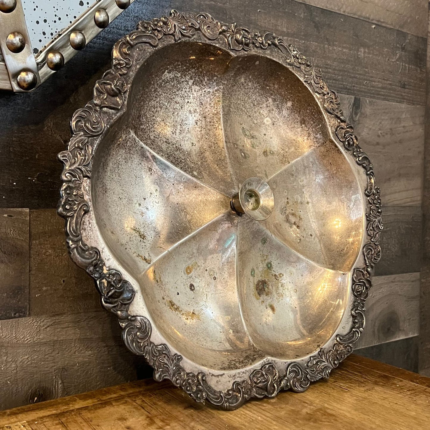 Vintage Silverplated Scallop Rim Large Lazy Susan Bowl with Candlestick Holder Center
