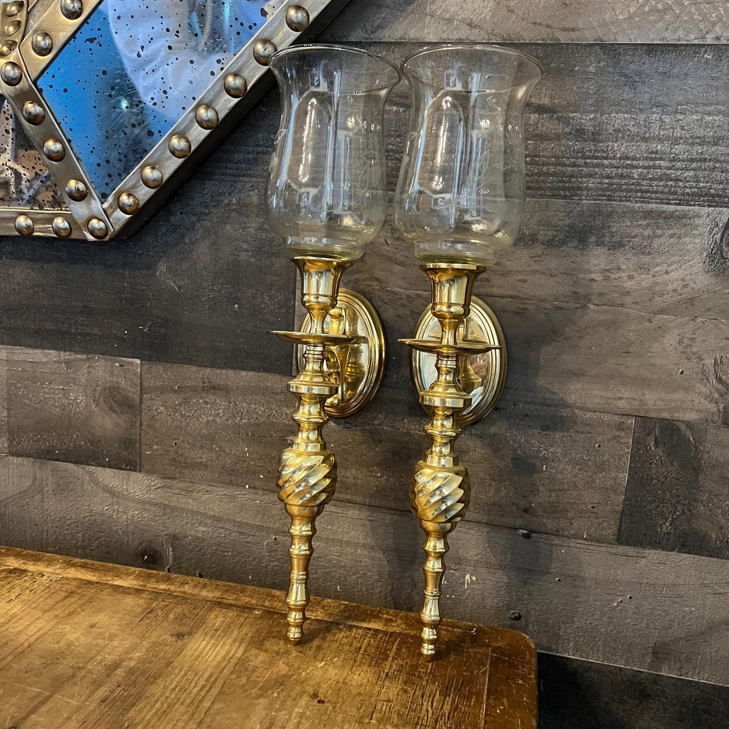 Vintage Pair of Brass Candlestick Holder Wall Sconces with Floral Etched Glass Hurricane Votives