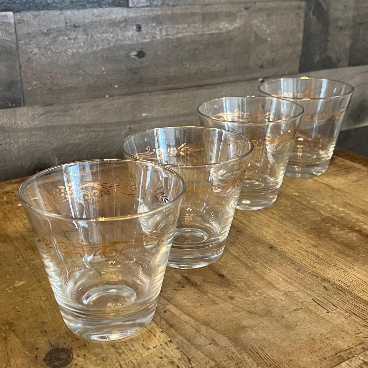 Vintage MCM Homer Laughlin Gold Tone Leaf Design Low Ball Rocks Glasses - Set of 4
