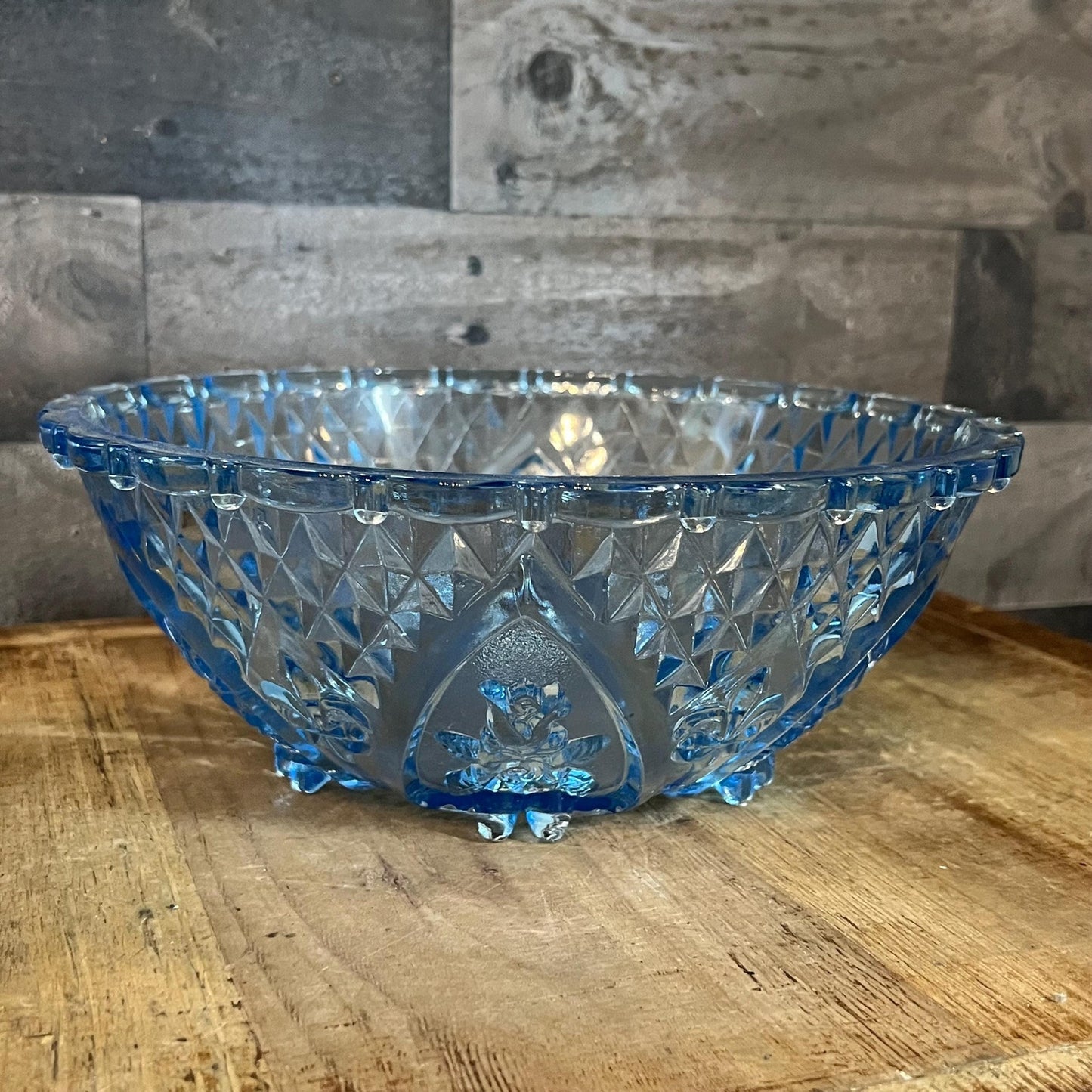 Vintage Blue Glass Footed Scallop Rim Rose and Diamond Point Bowl