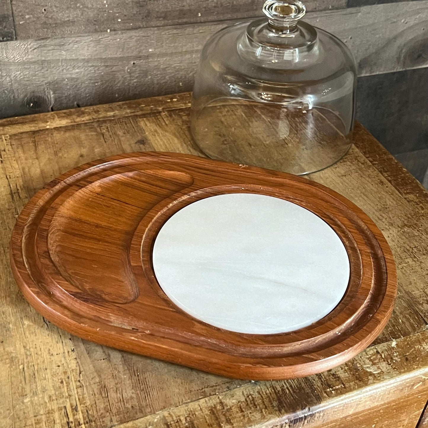 Vintage Wooden Cheese Board with Round Marble and Glass Dome - Dolphin Teakwood