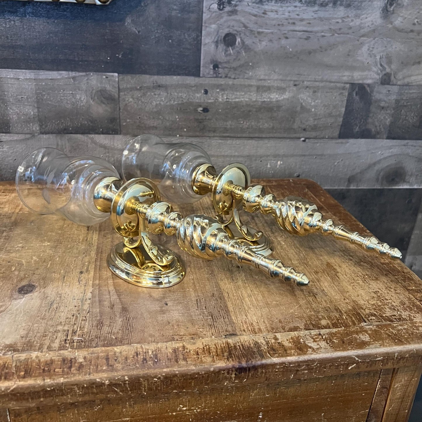 Vintage Pair of Brass Candlestick Holder Wall Sconces with Floral Etched Glass Hurricane Votives