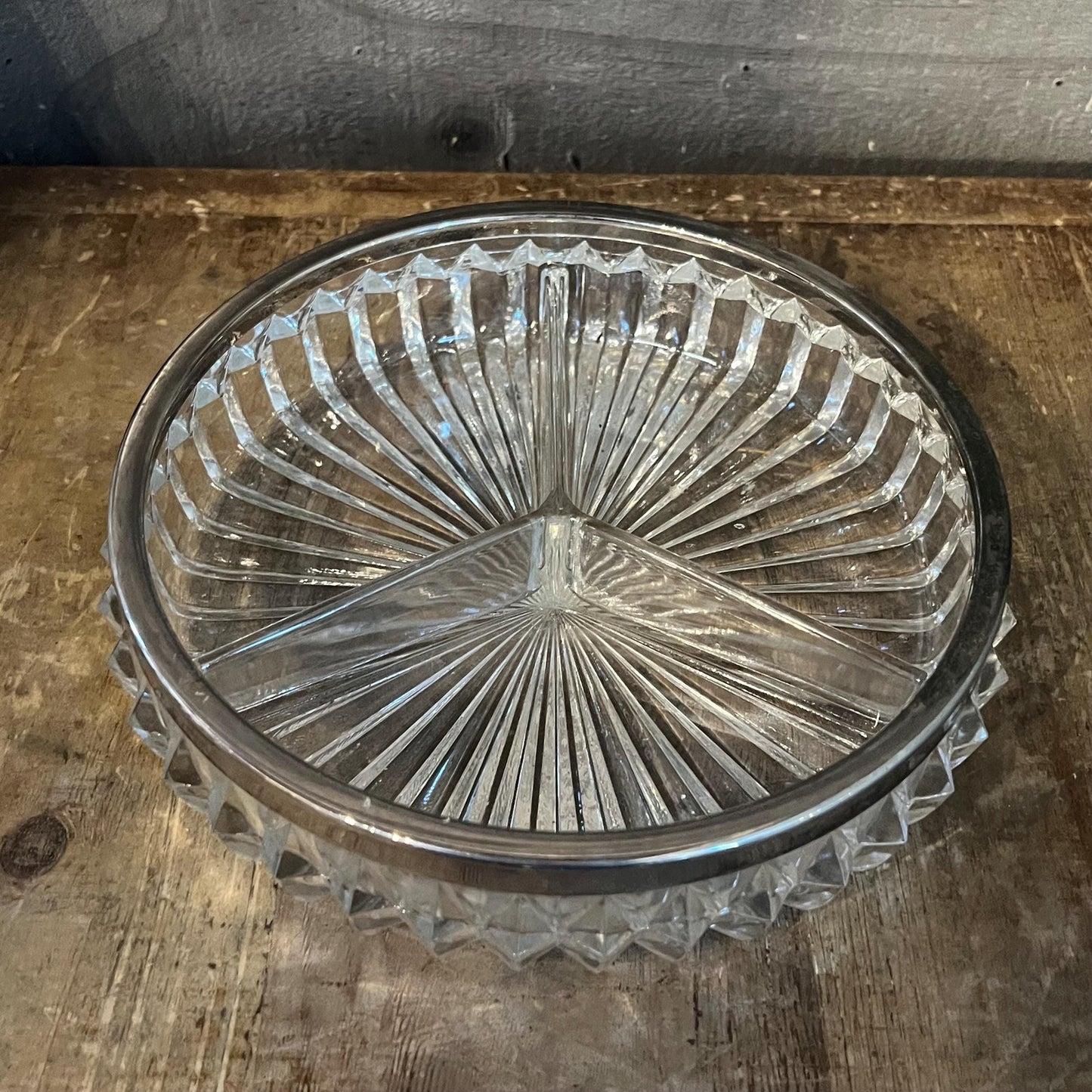 Vintage Crystal 3 Compartment Bowl with Silverplated Rim - Jewelry Dish - Candy Dish - Nut Dish - Berry Server