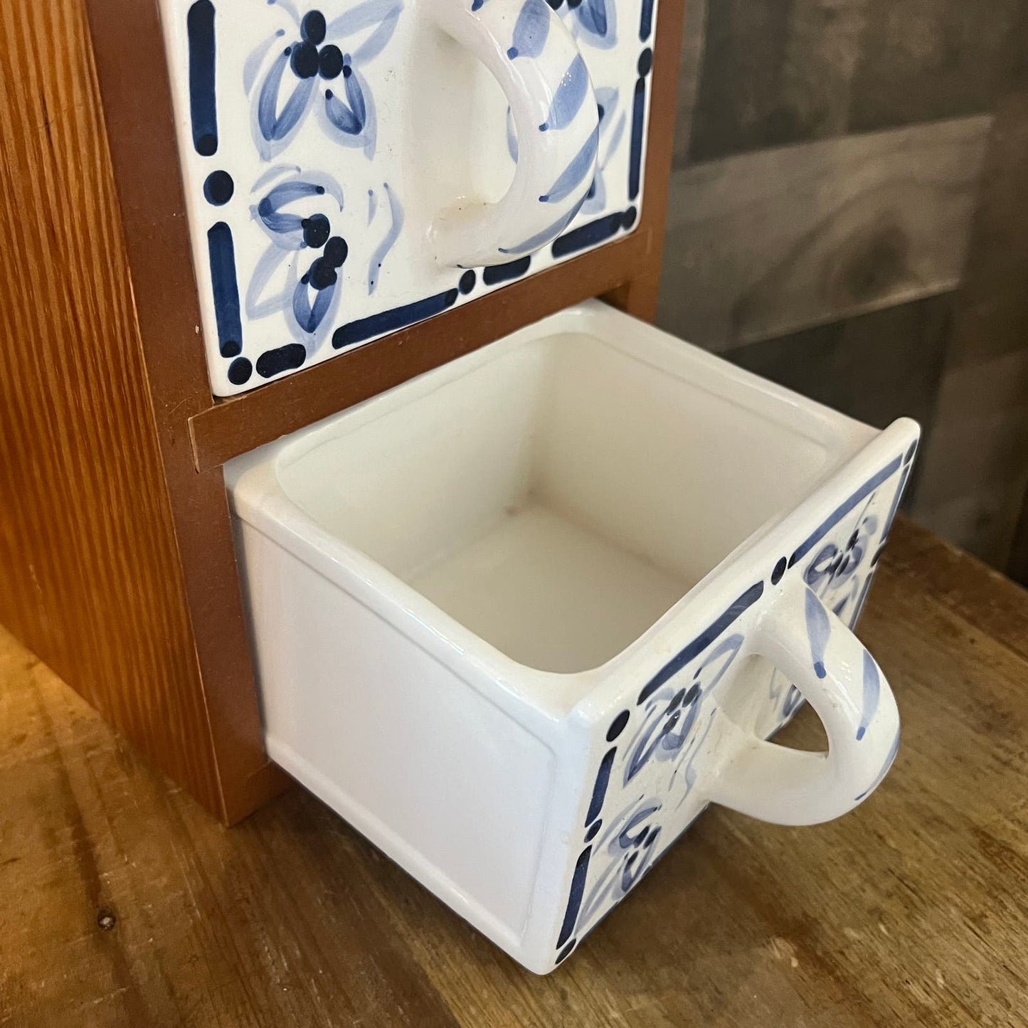Vintage Wood Spice Cabinet Box with 3 White and Blue Ceramic Drawers