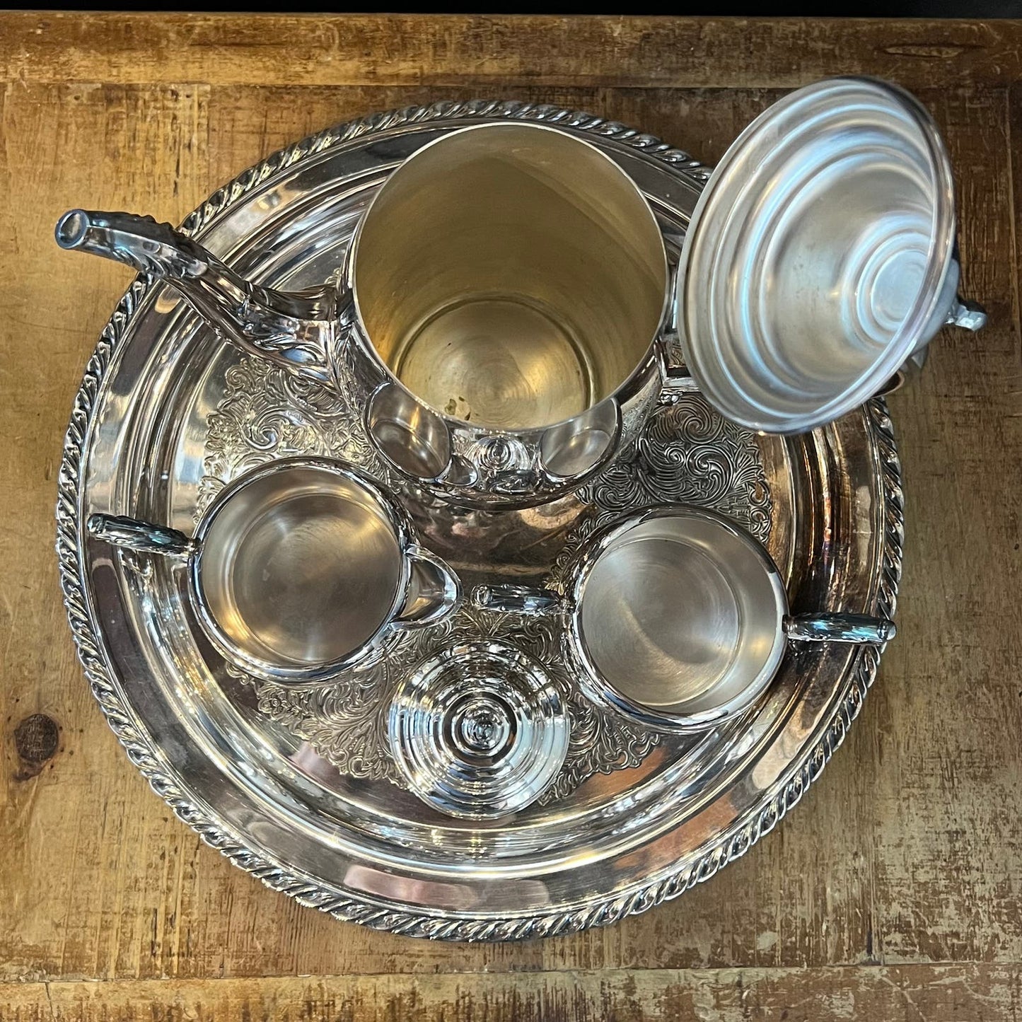 Vintage WM Rogers Silverplated Tea Set - Round Serving Tray, Teapot, Creamer Pour and Sugar Dish