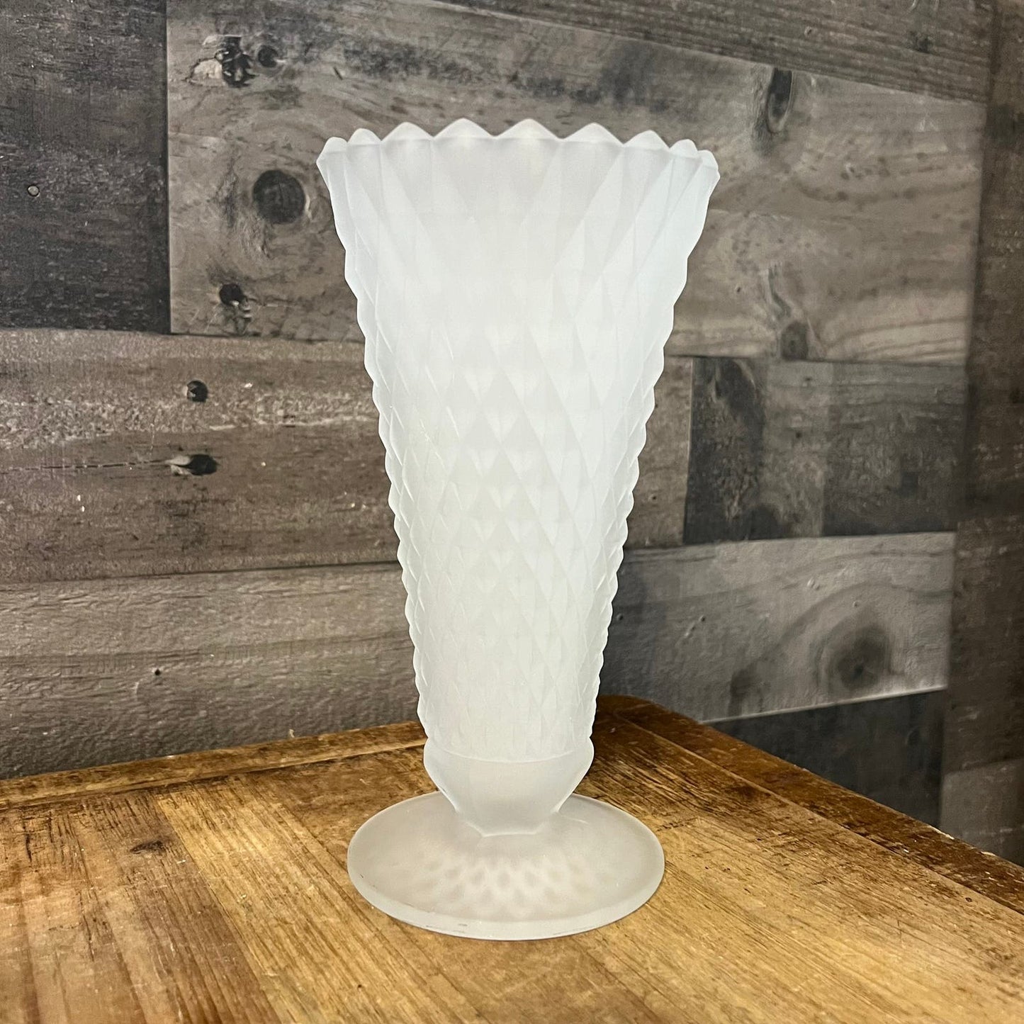 Vintage Satin Frosted Glass Diamond Point Pattern Footed Vase