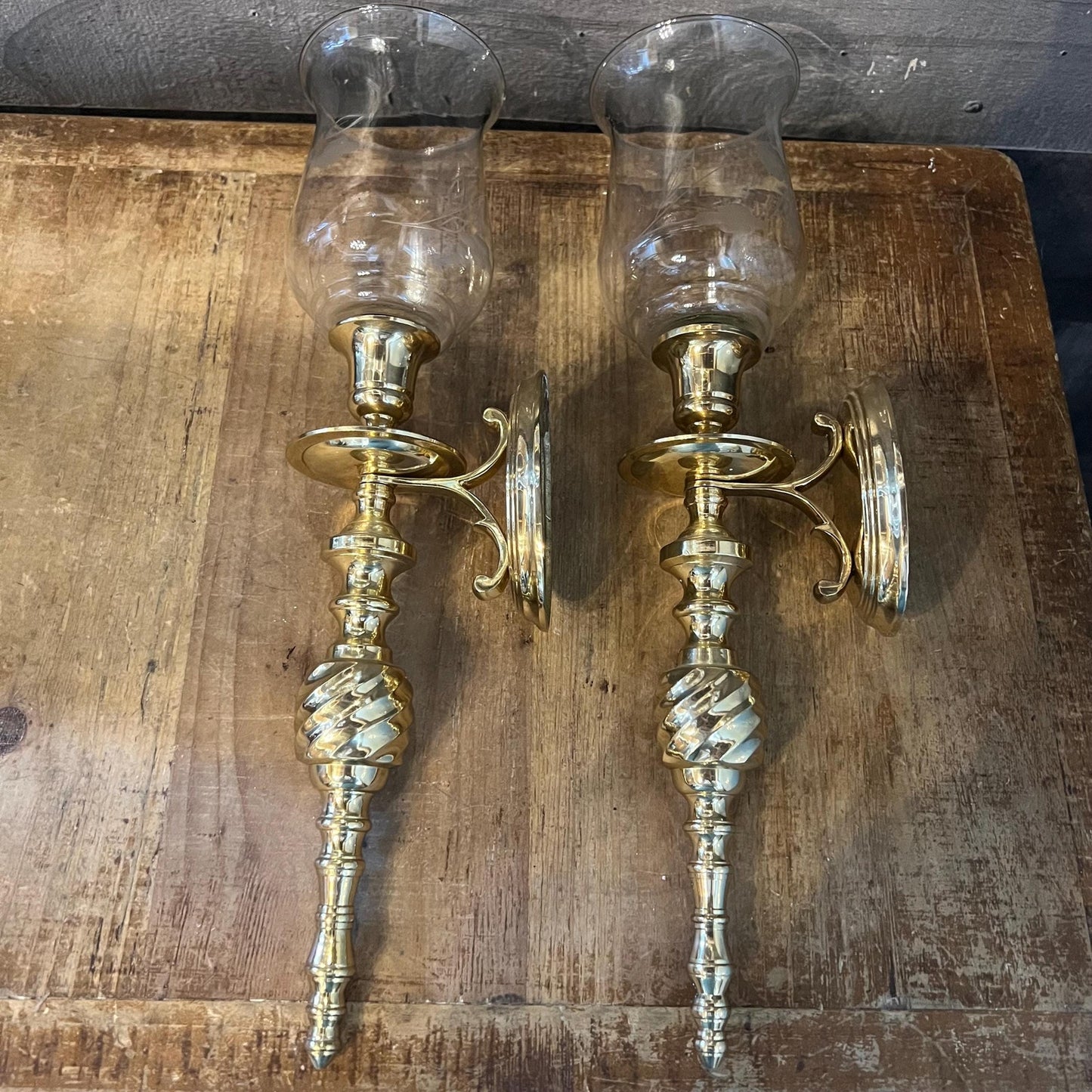 Vintage Pair of Brass Candlestick Holder Wall Sconces with Floral Etched Glass Hurricane Votives