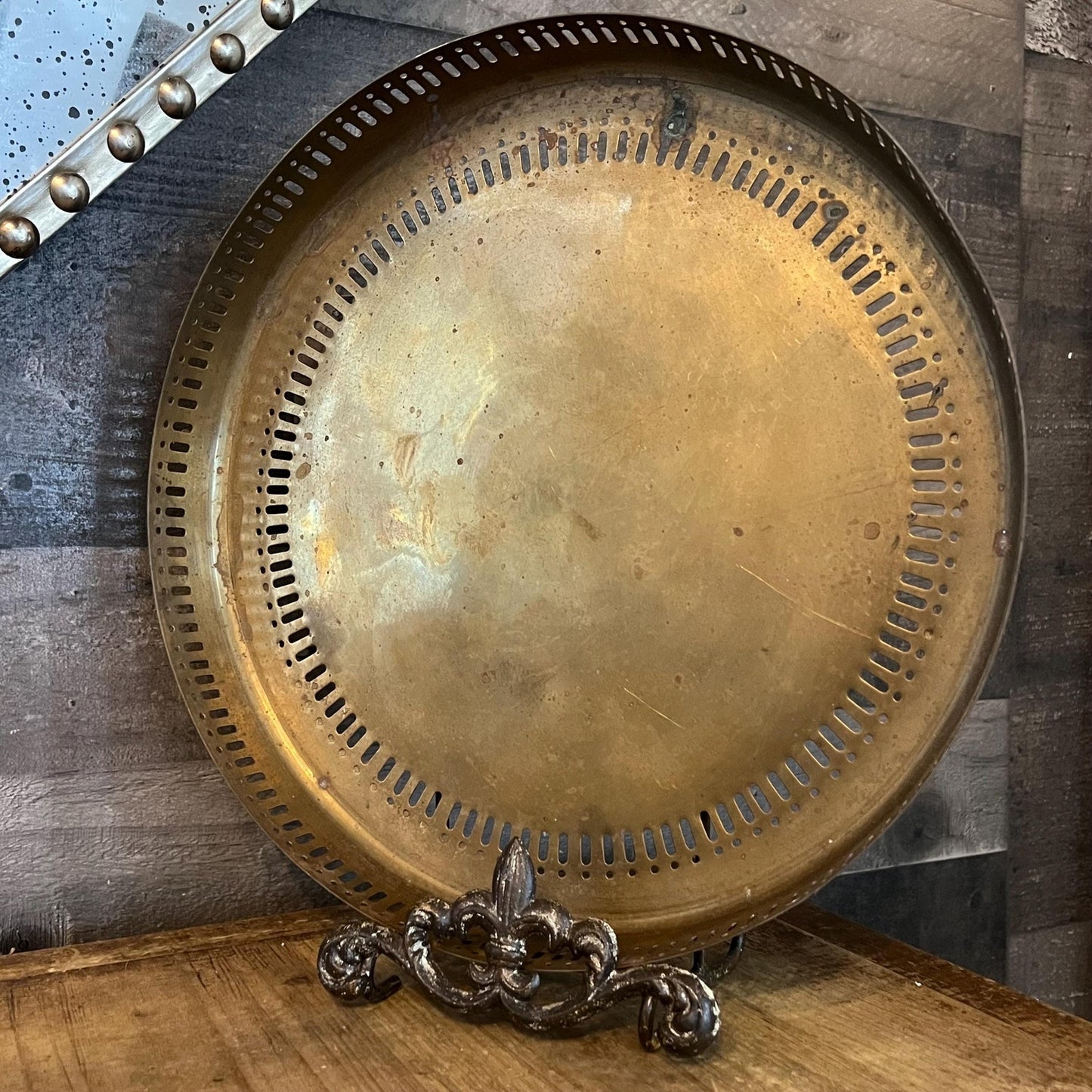 Vintage Brass Round Tray with Reticulated Edge