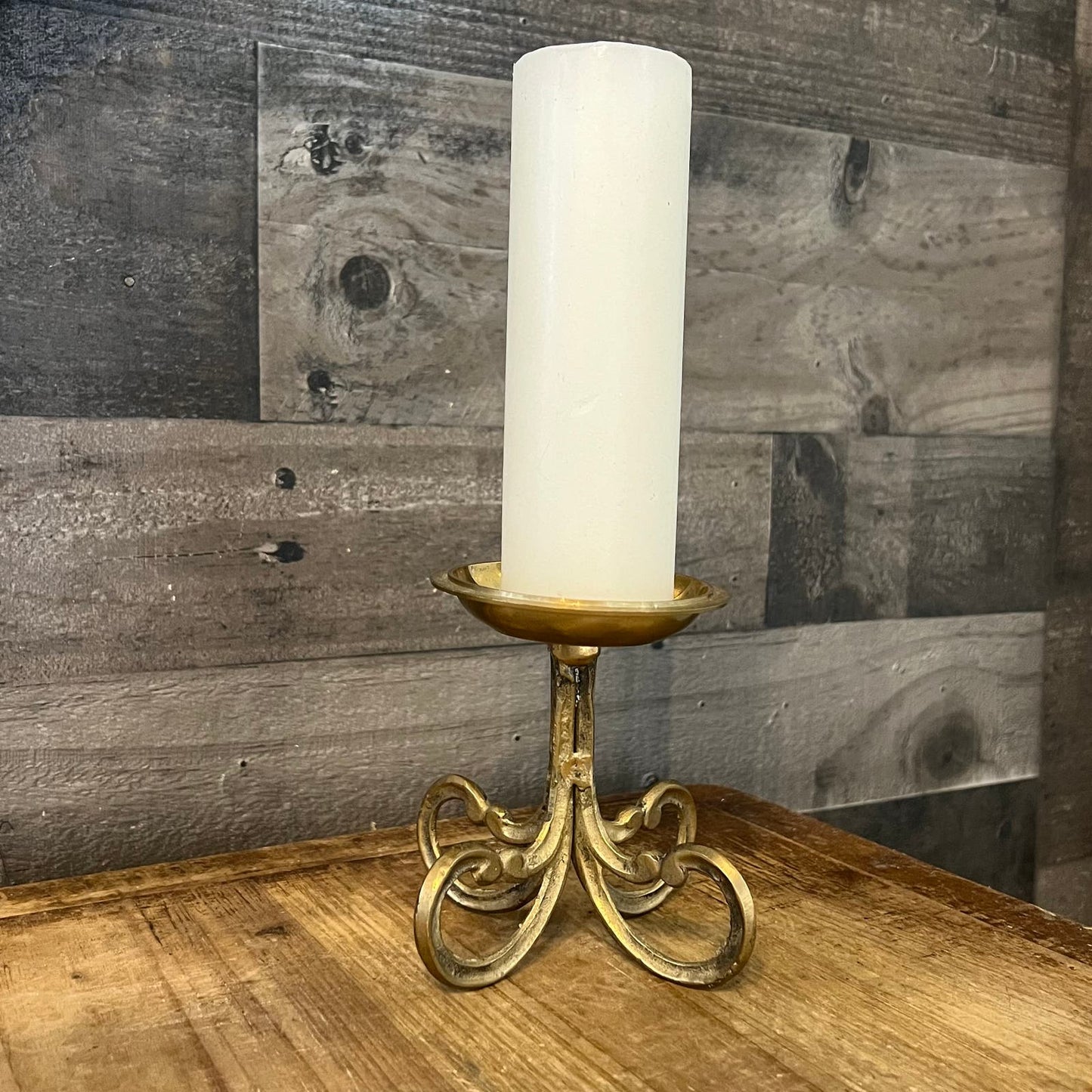 Vintage Brass Scroll Foot Pillar Candle Holder