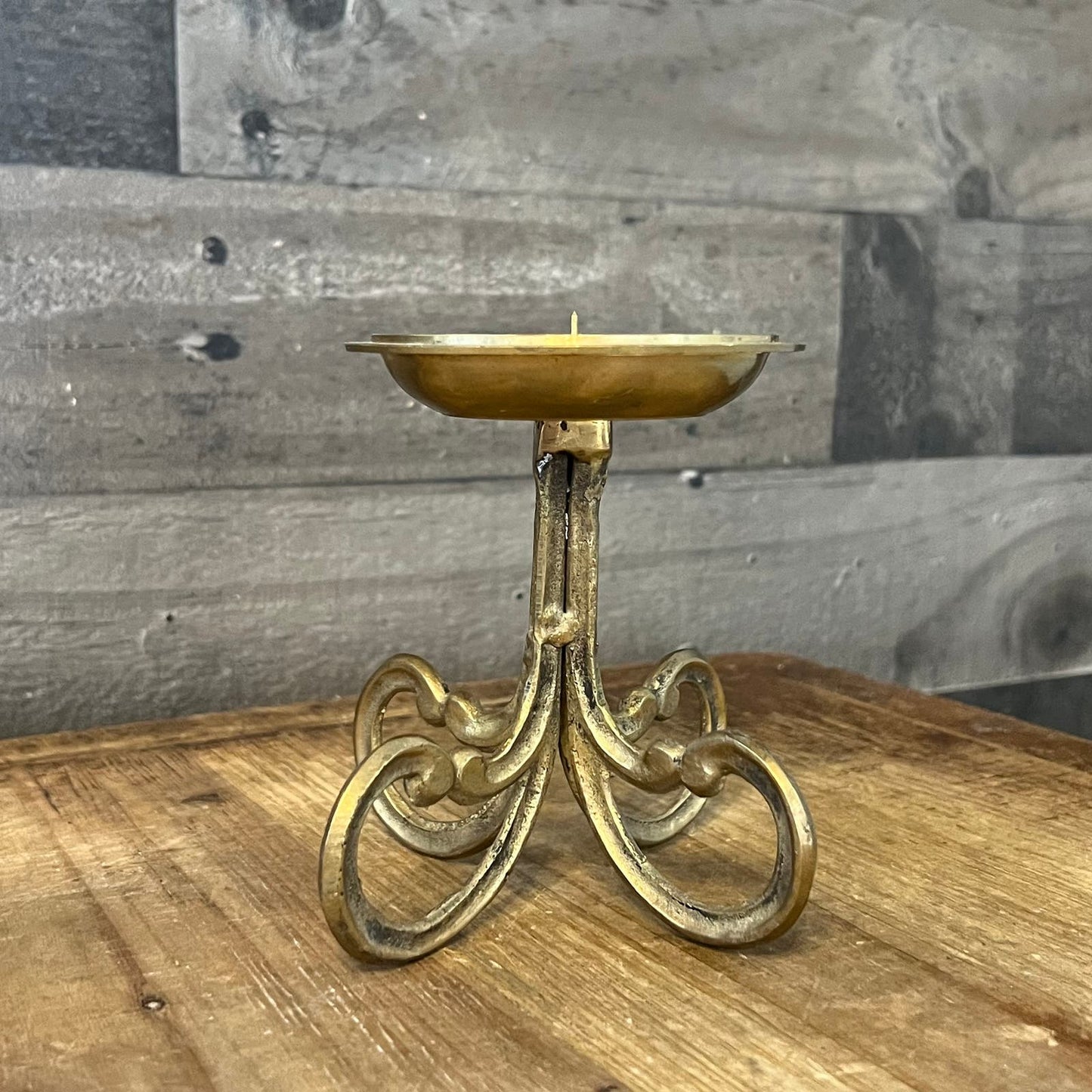 Vintage Brass Scroll Foot Pillar Candle Holder